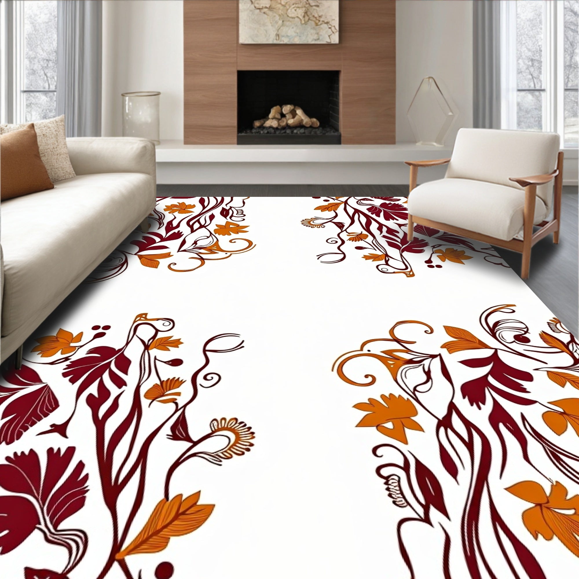 Burgundy Mustard Floral Scrollwork Garland Rug