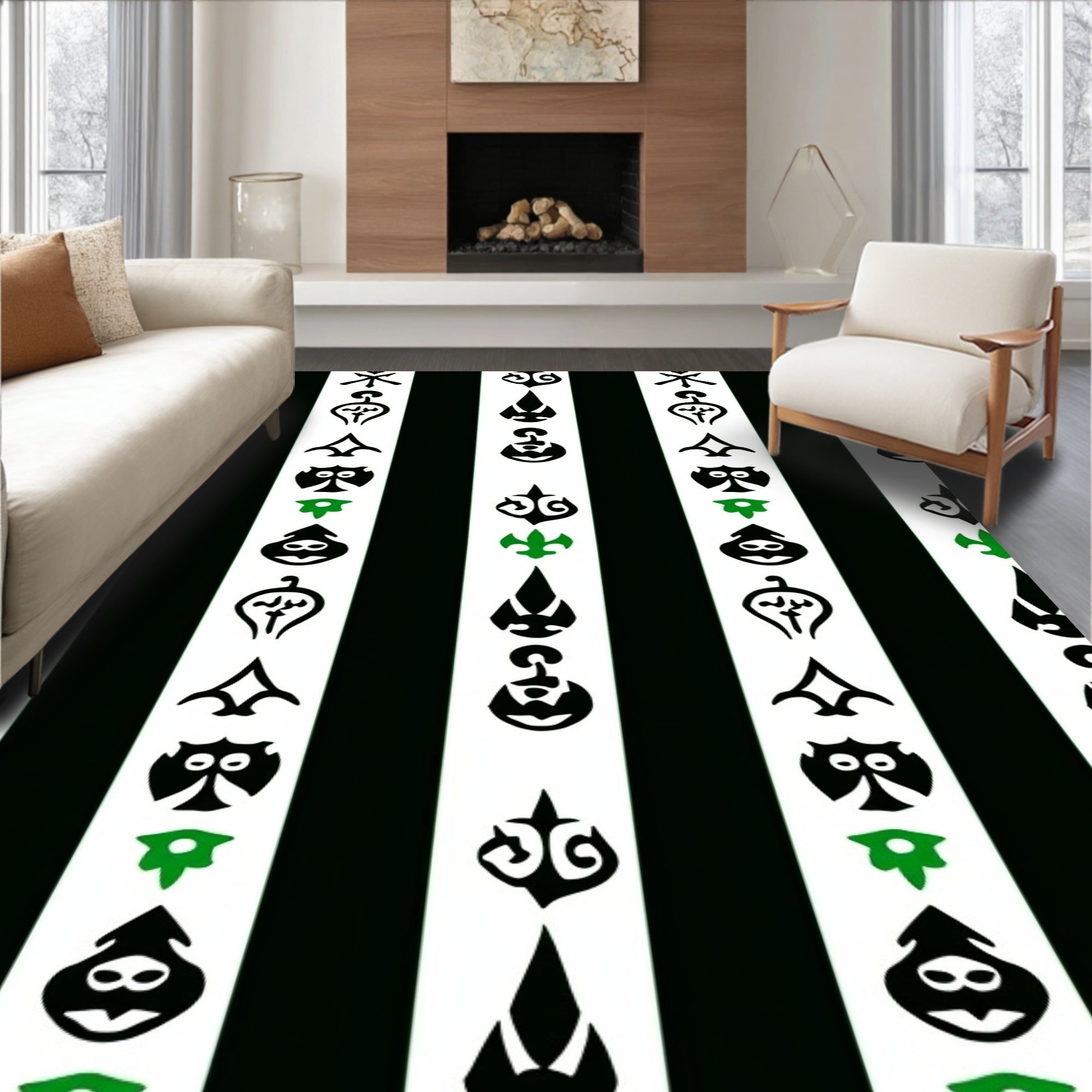 Bold Black White Green Symbolic Stripes Rug