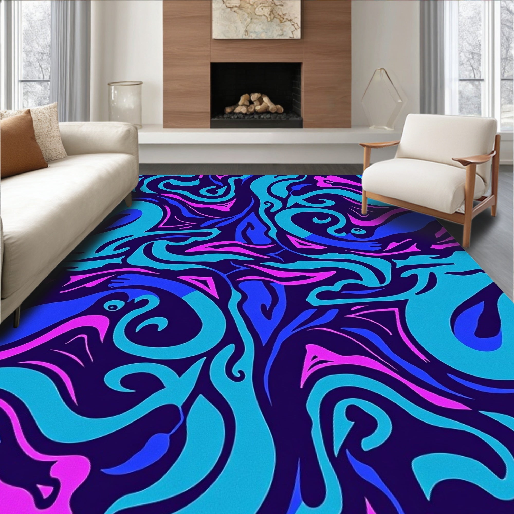 Vibrant Swirls Blue Pink Abstract Rug