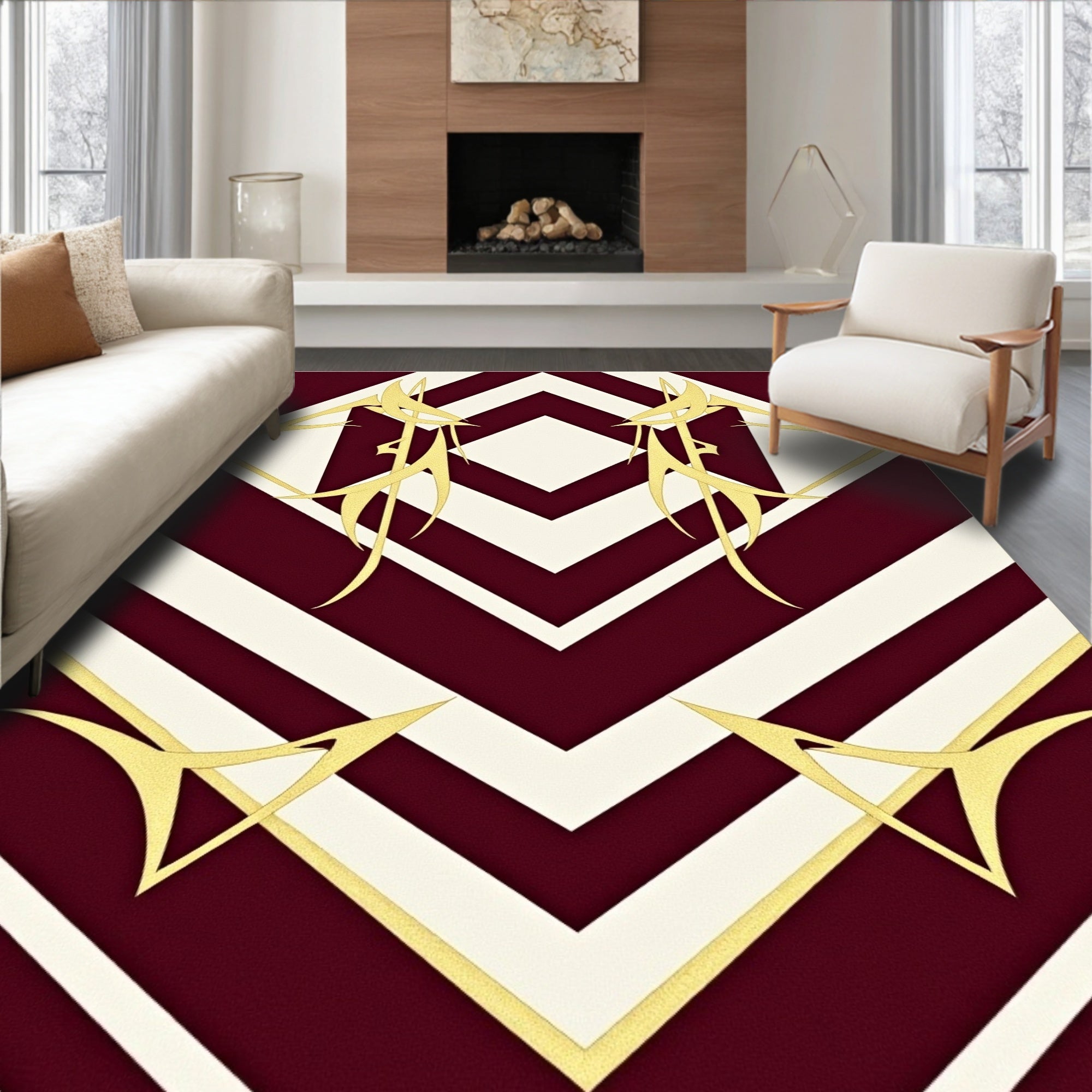 Golden Abstract Chevron Burgundy Rug