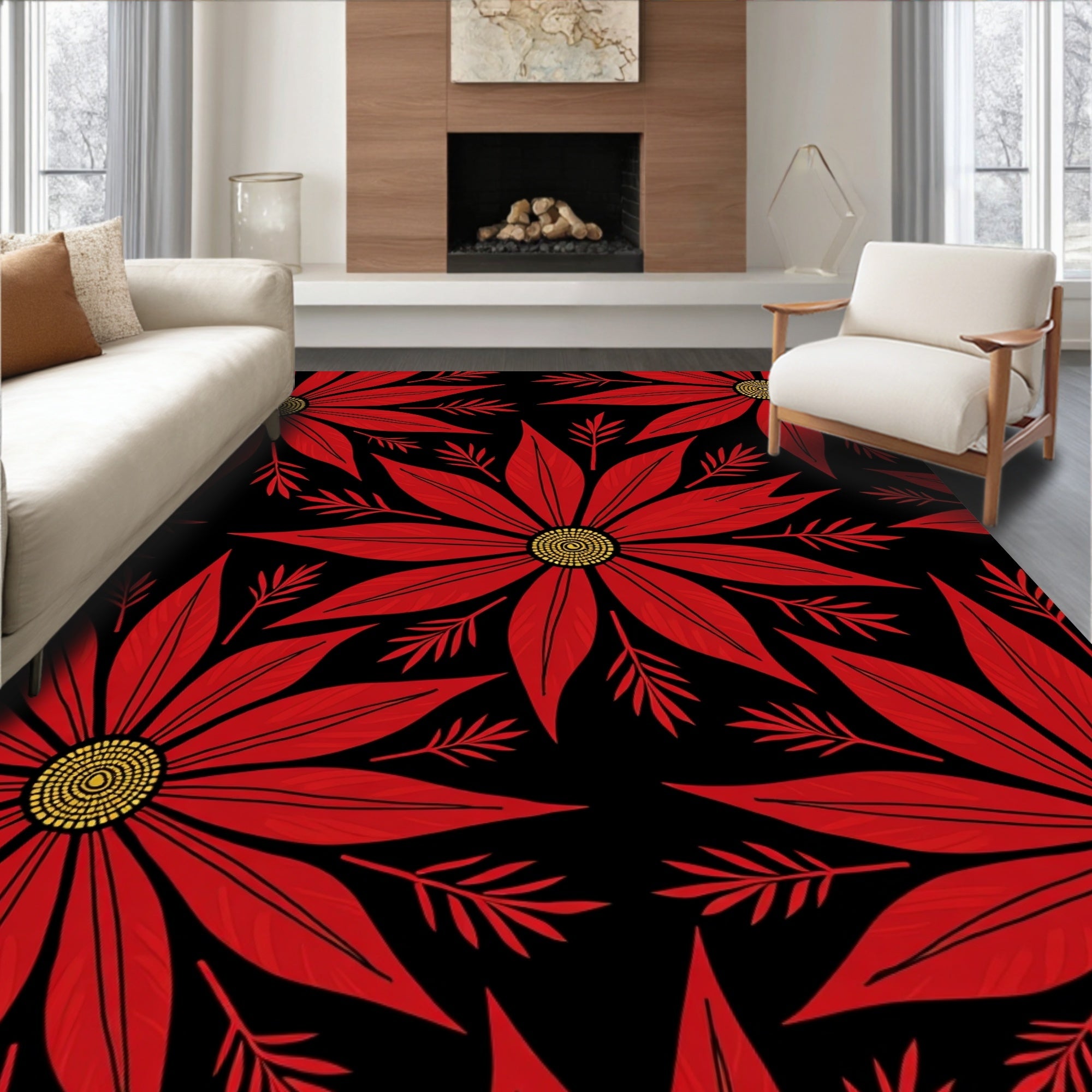 Bold Red Floral Sunburst Rug