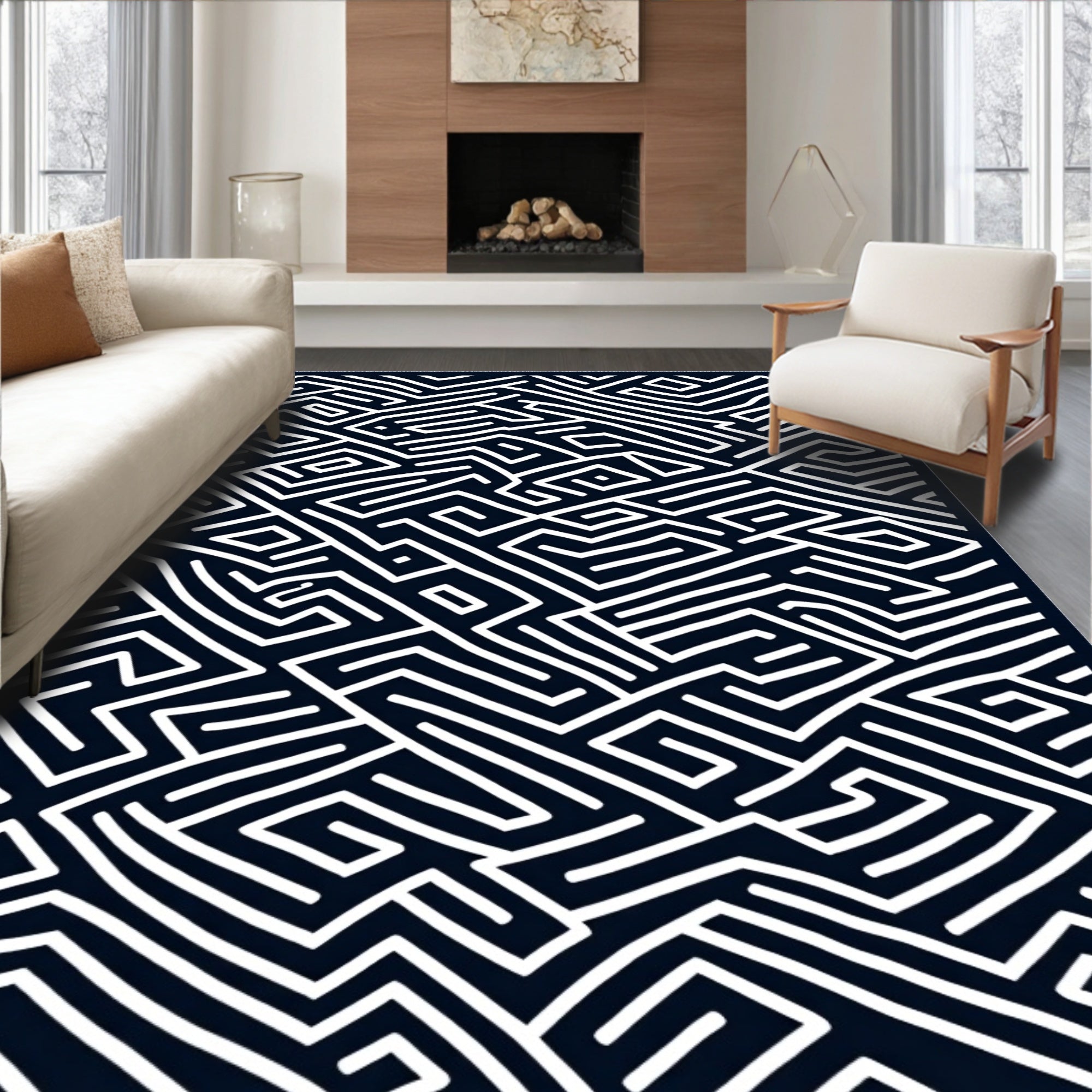 Minimalist White Maze Lines Rug