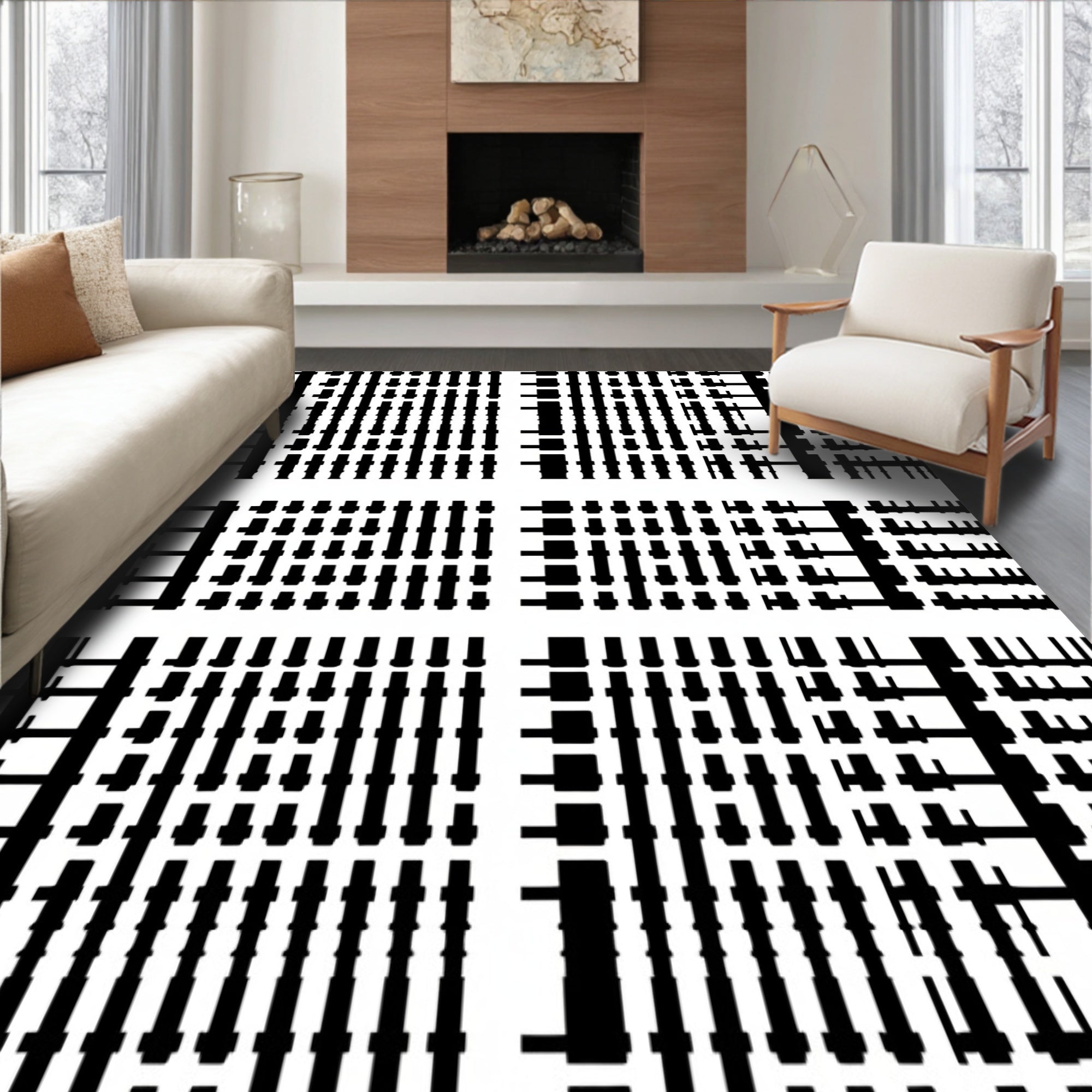 Monochrome Abstract Vertical Stripe Geometric Rug