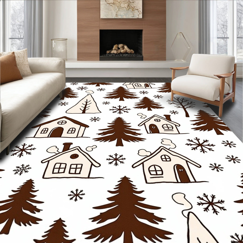 Cozy Winter Village Snowflakes Trees Rug