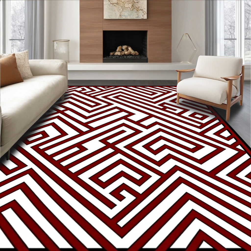 Deep Crimson Abstract Maze Rug