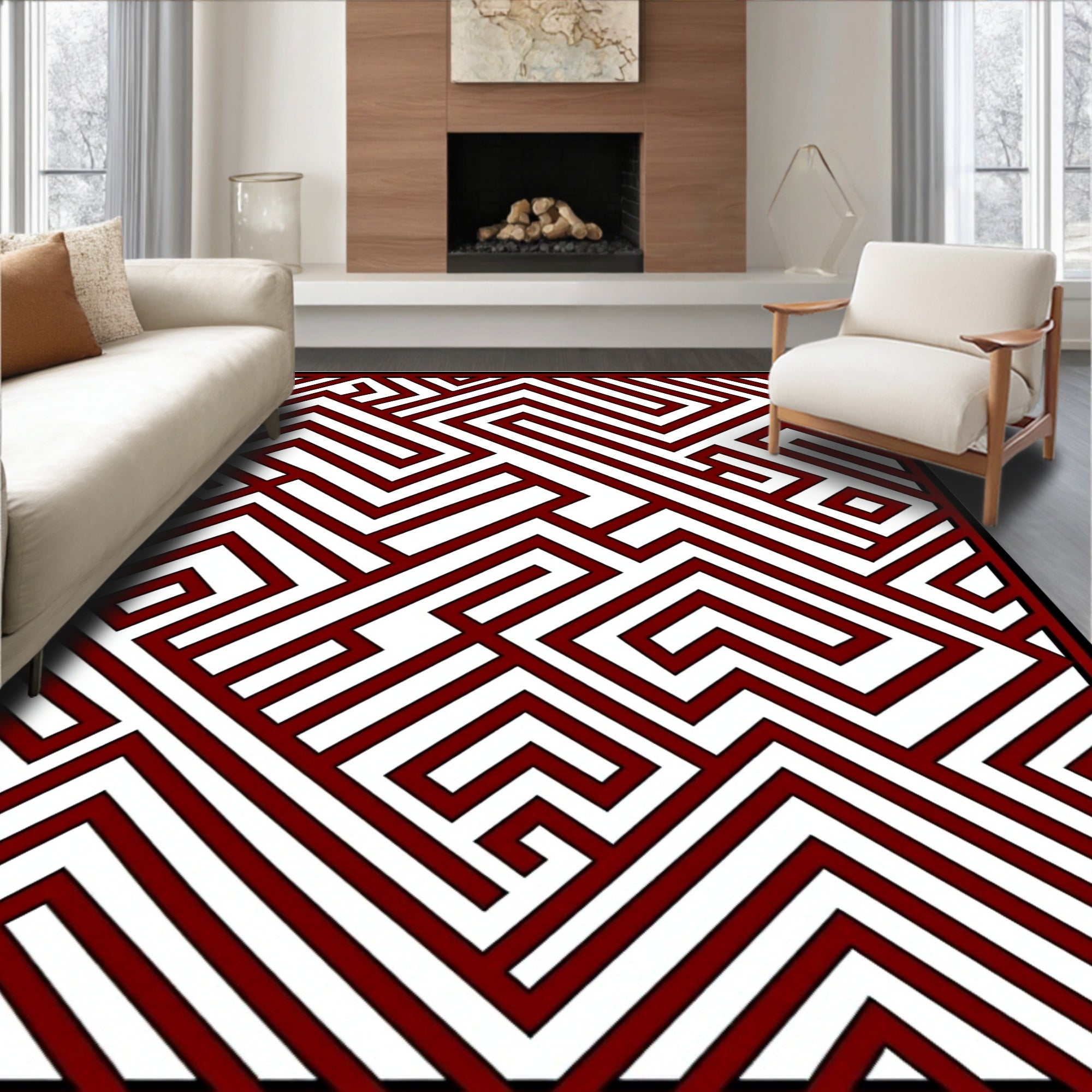 Deep Crimson Abstract Maze Rug