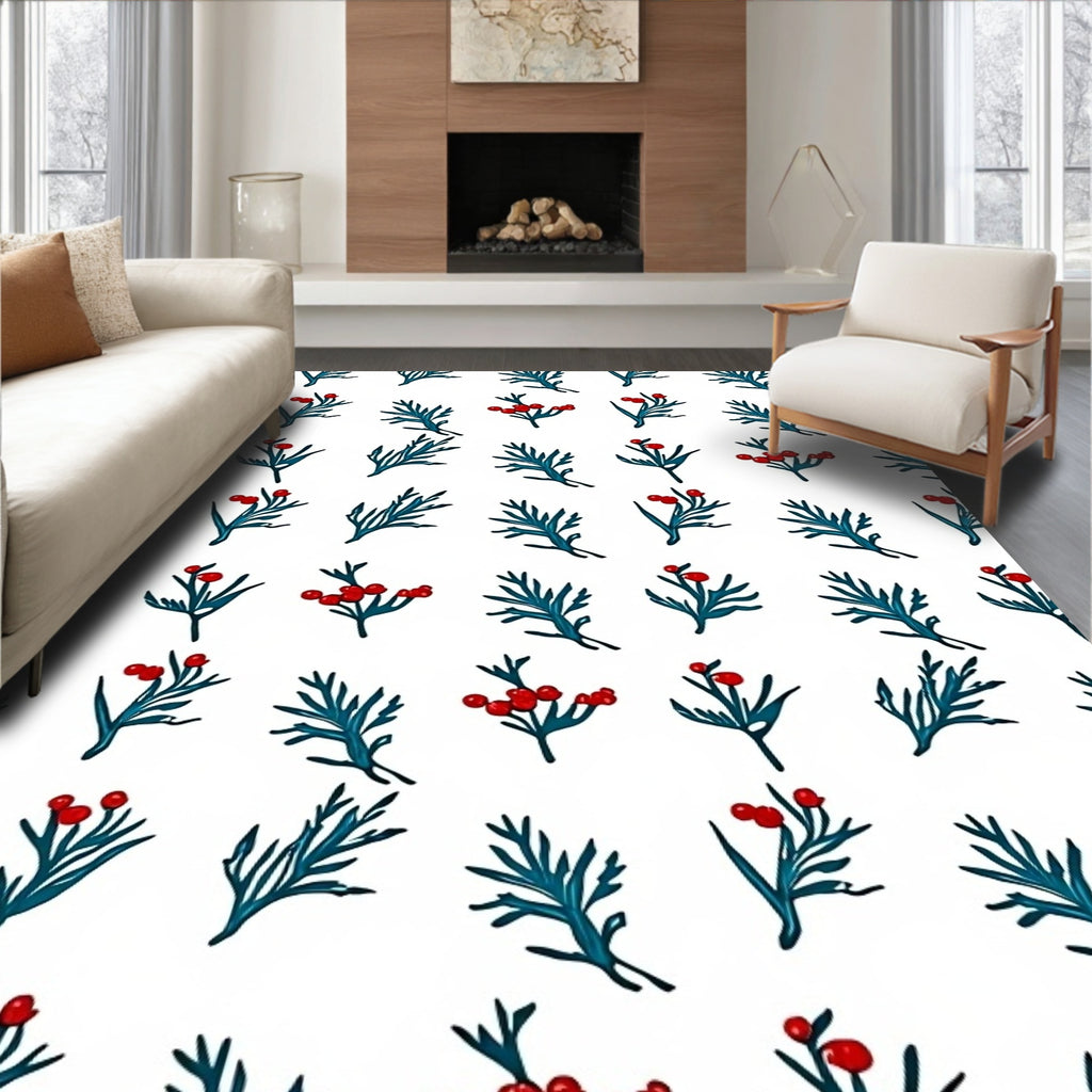 Teal Leaf Red Berry Botanical Rug