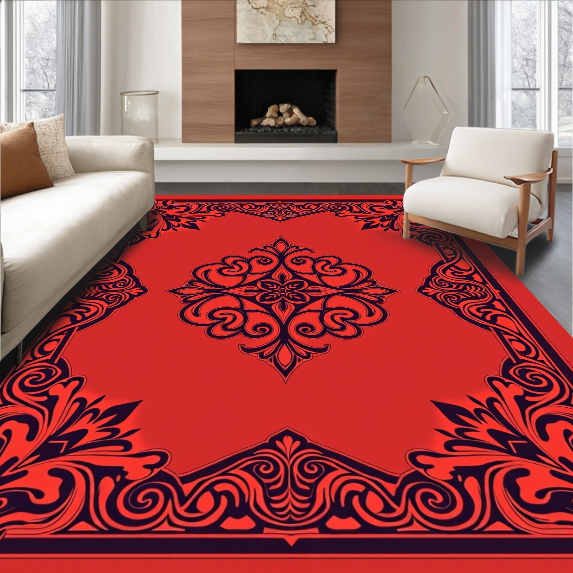 Vibrant Crimson Floral Frame Rug