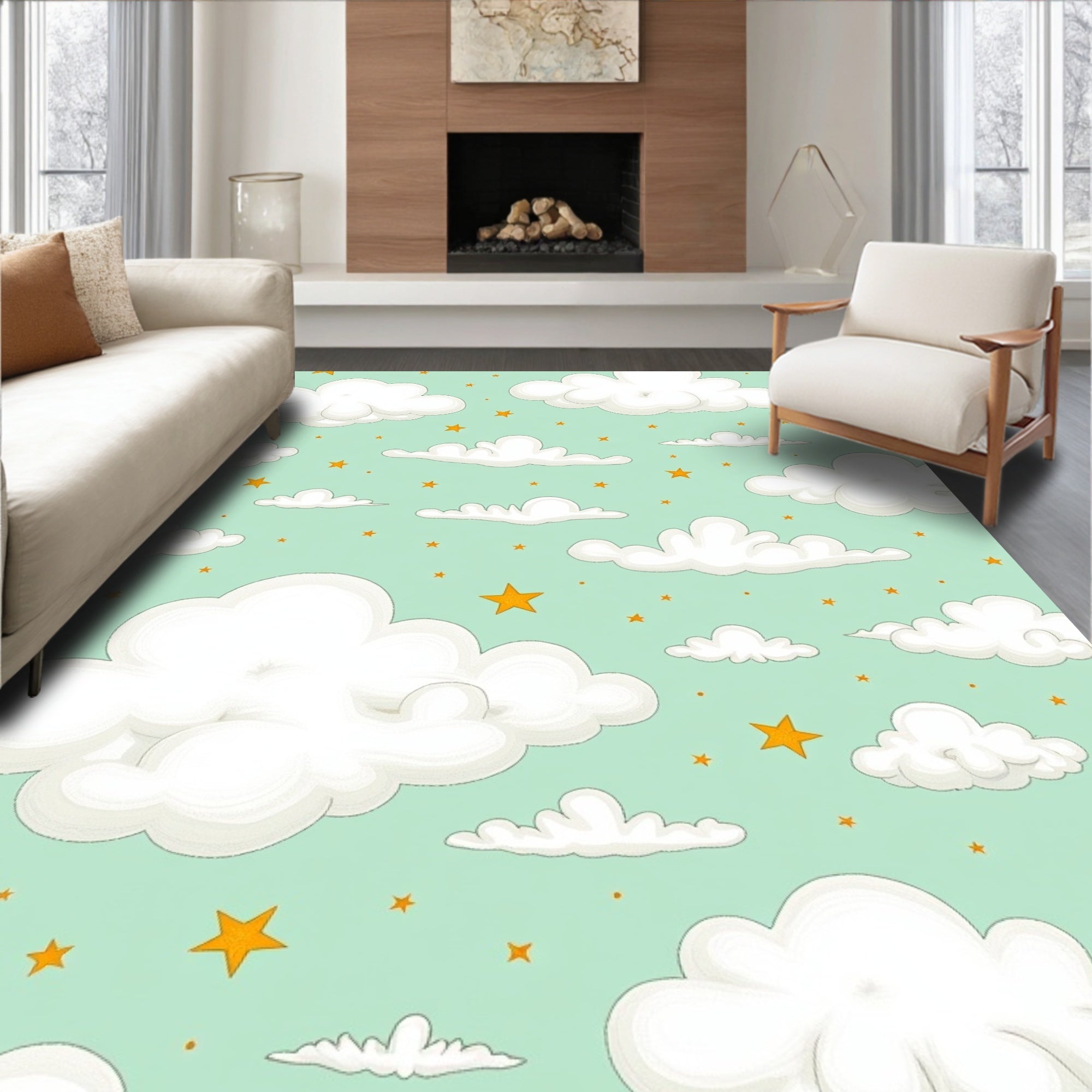 Whimsical Cloud and Starry Sky Rug