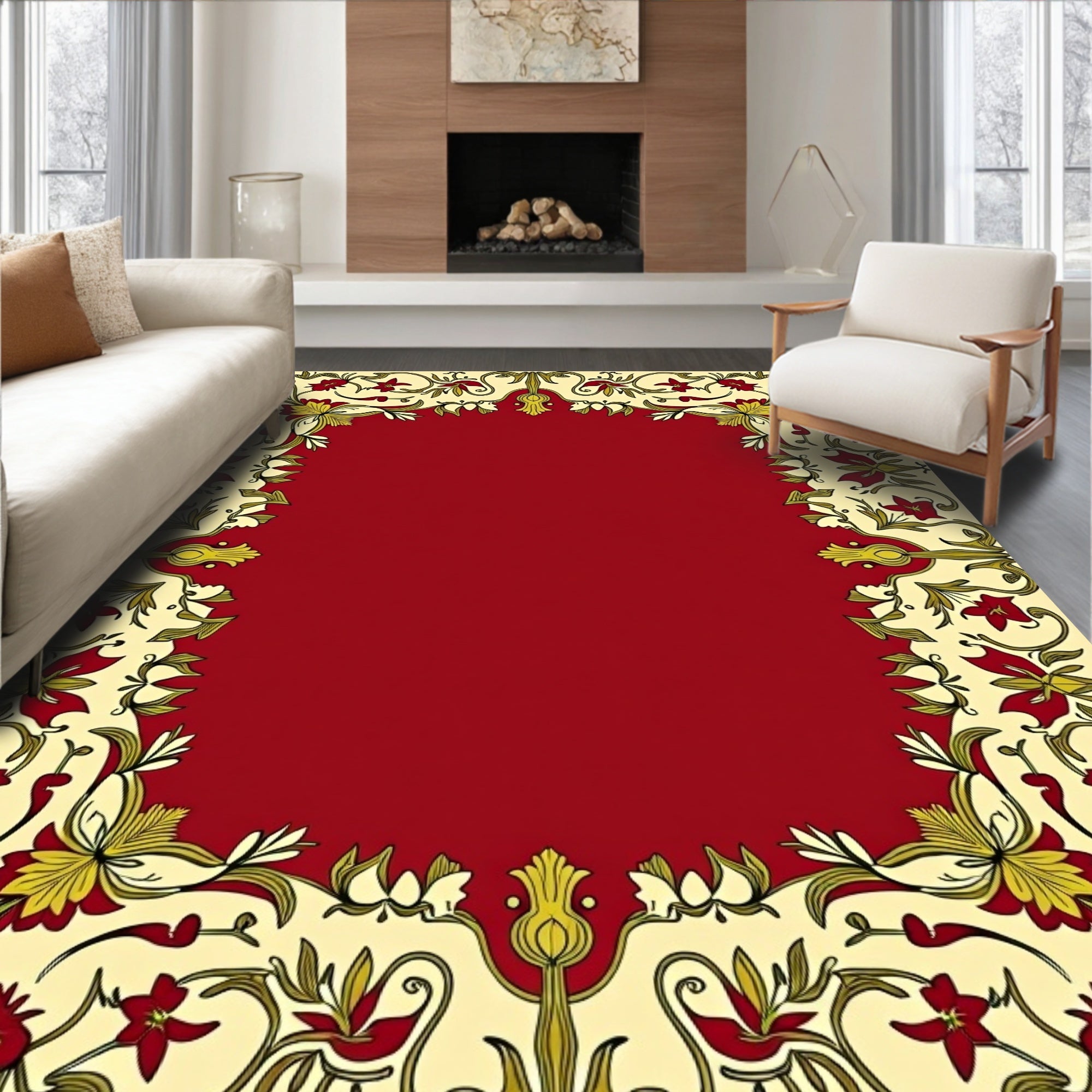 Crimson Leaf Scrolls Border Rug