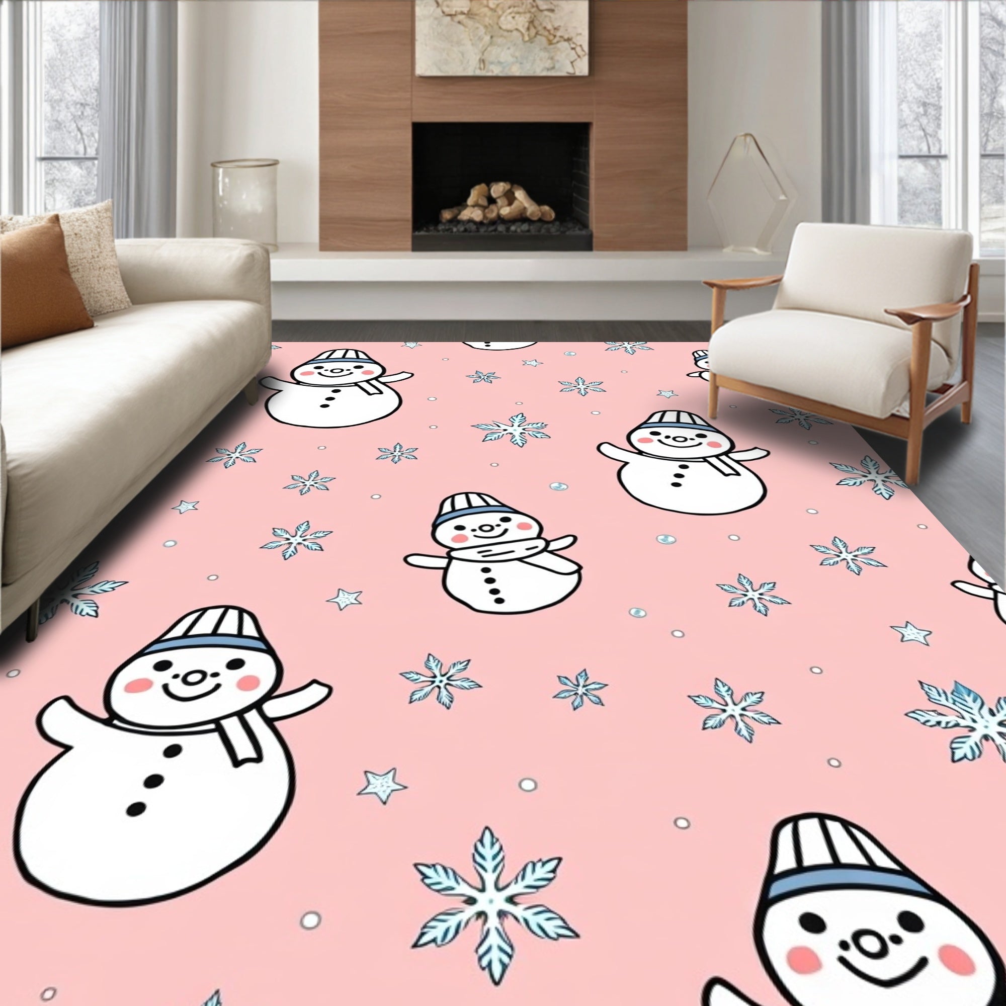 Pink Snowman Snowflakes Whimsical Fabric Rug