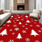 White Snowflakes and Evergreen Trees Red Rug