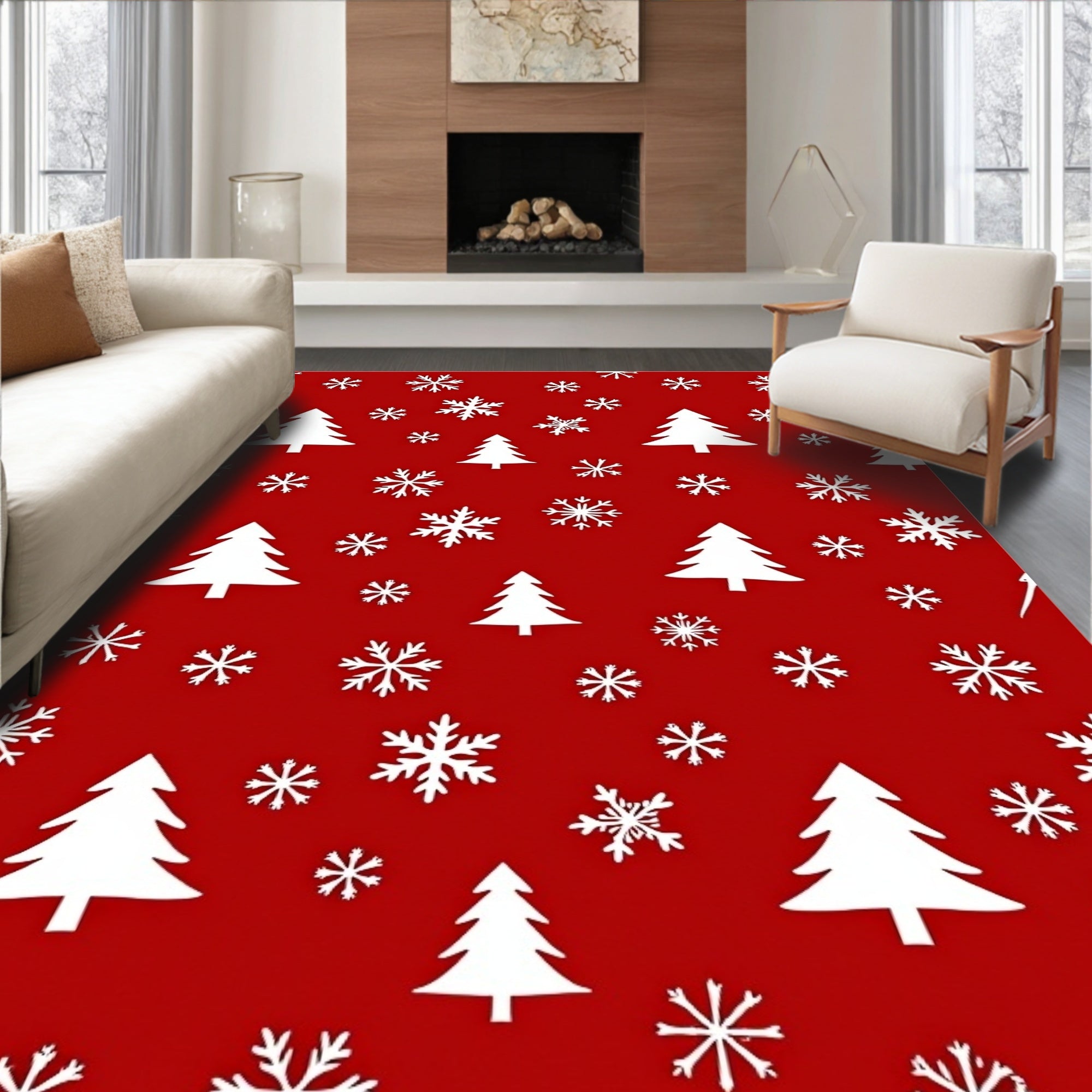 White Snowflakes and Evergreen Trees Red Rug