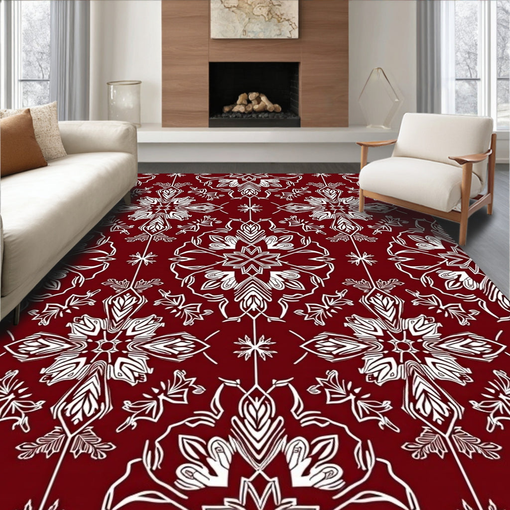 Deep Red White Medieval Floral Rug