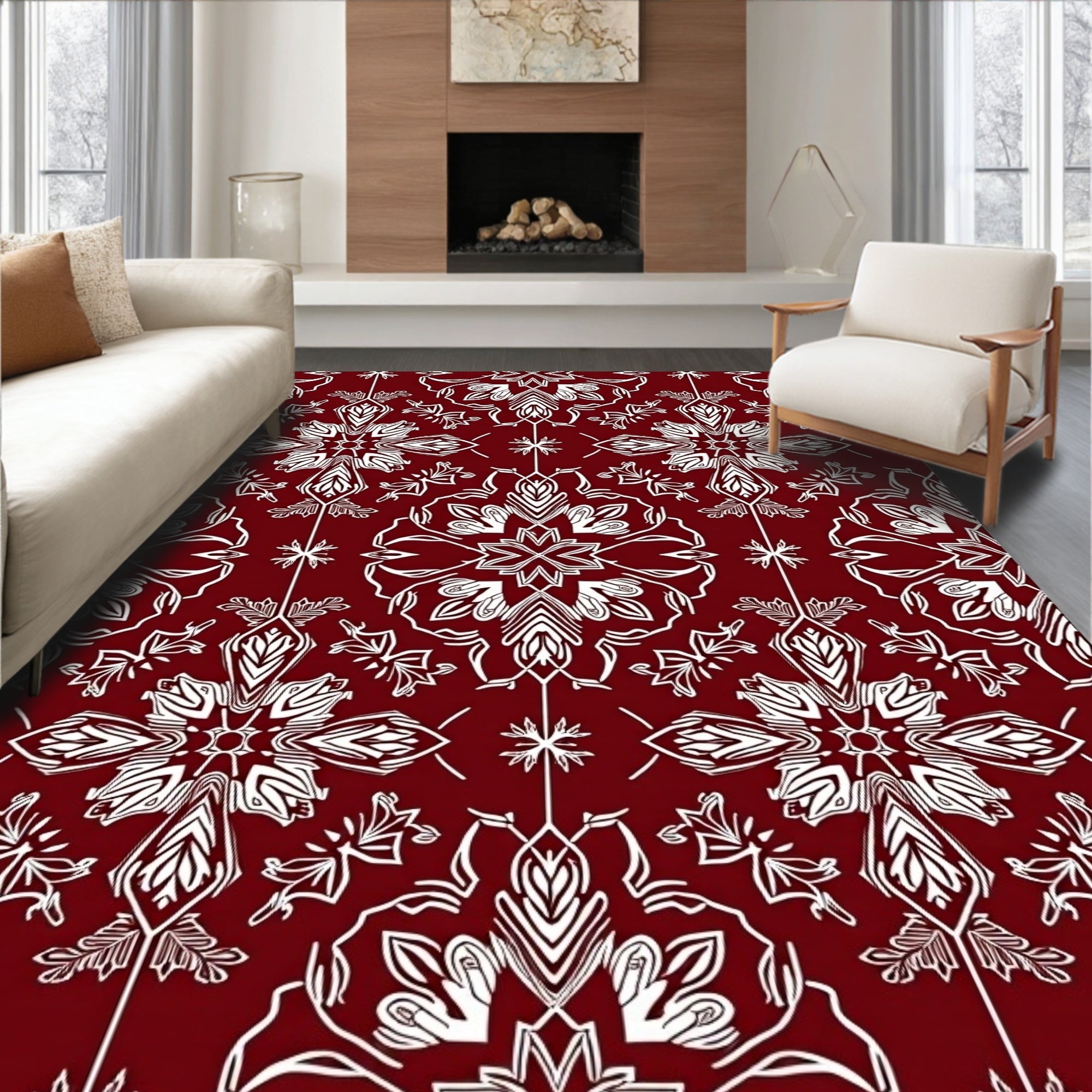 Deep Red White Medieval Floral Rug