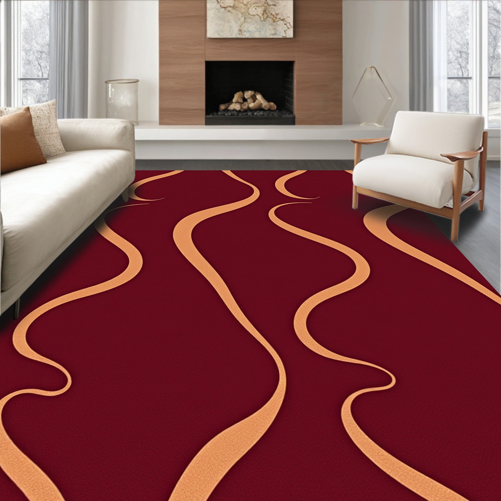Crimson Swirl Ribbon Contemporary Rug
