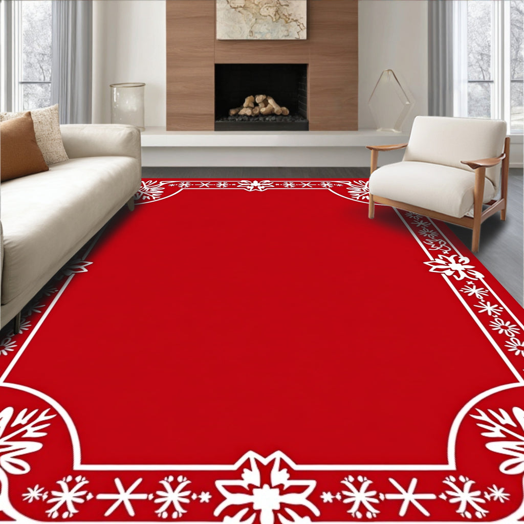 Crimson White Snowflake Border Rug