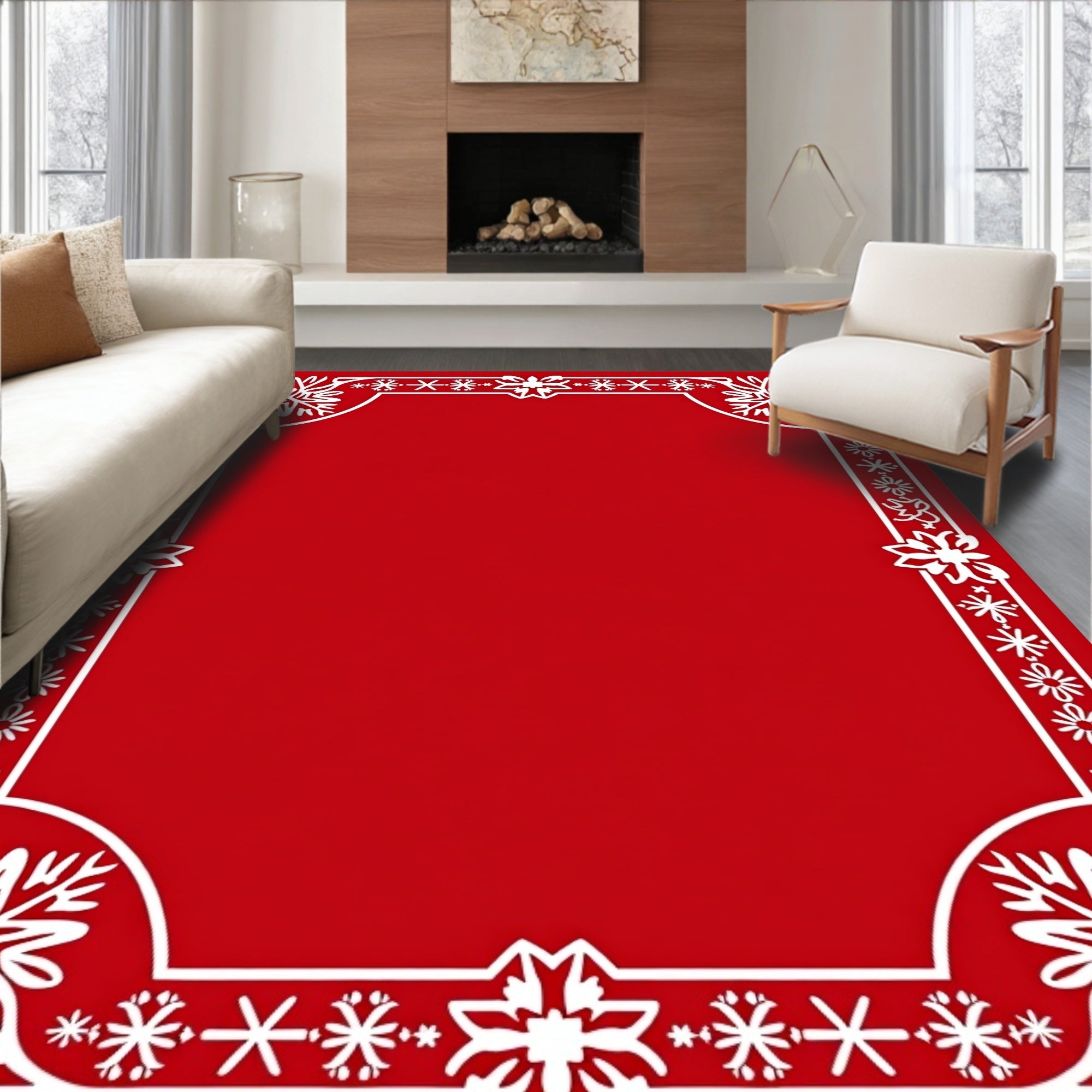 Crimson White Snowflake Border Rug