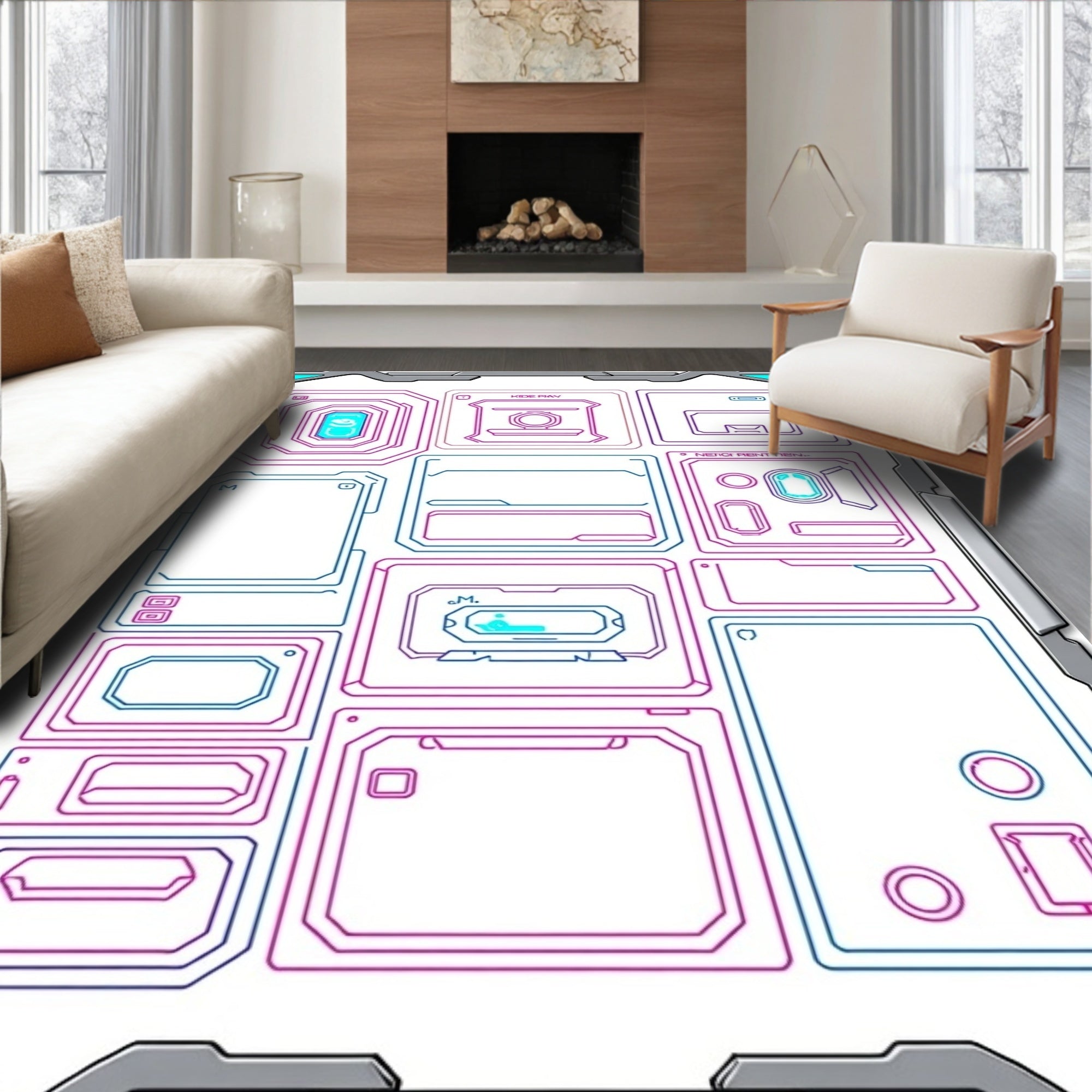 Futuristic Grid Circuit Board Layout Rug