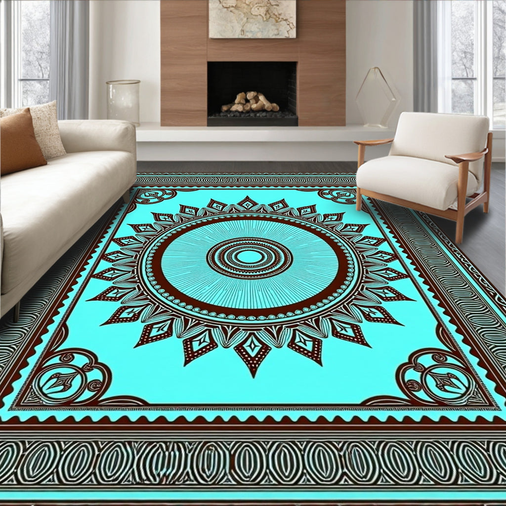 Aqua Brown Sunburst Medallion Border Rug