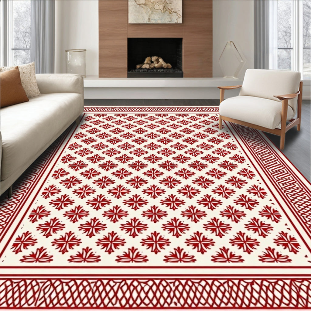 Crimson Cream Floral Lattice Border Rug