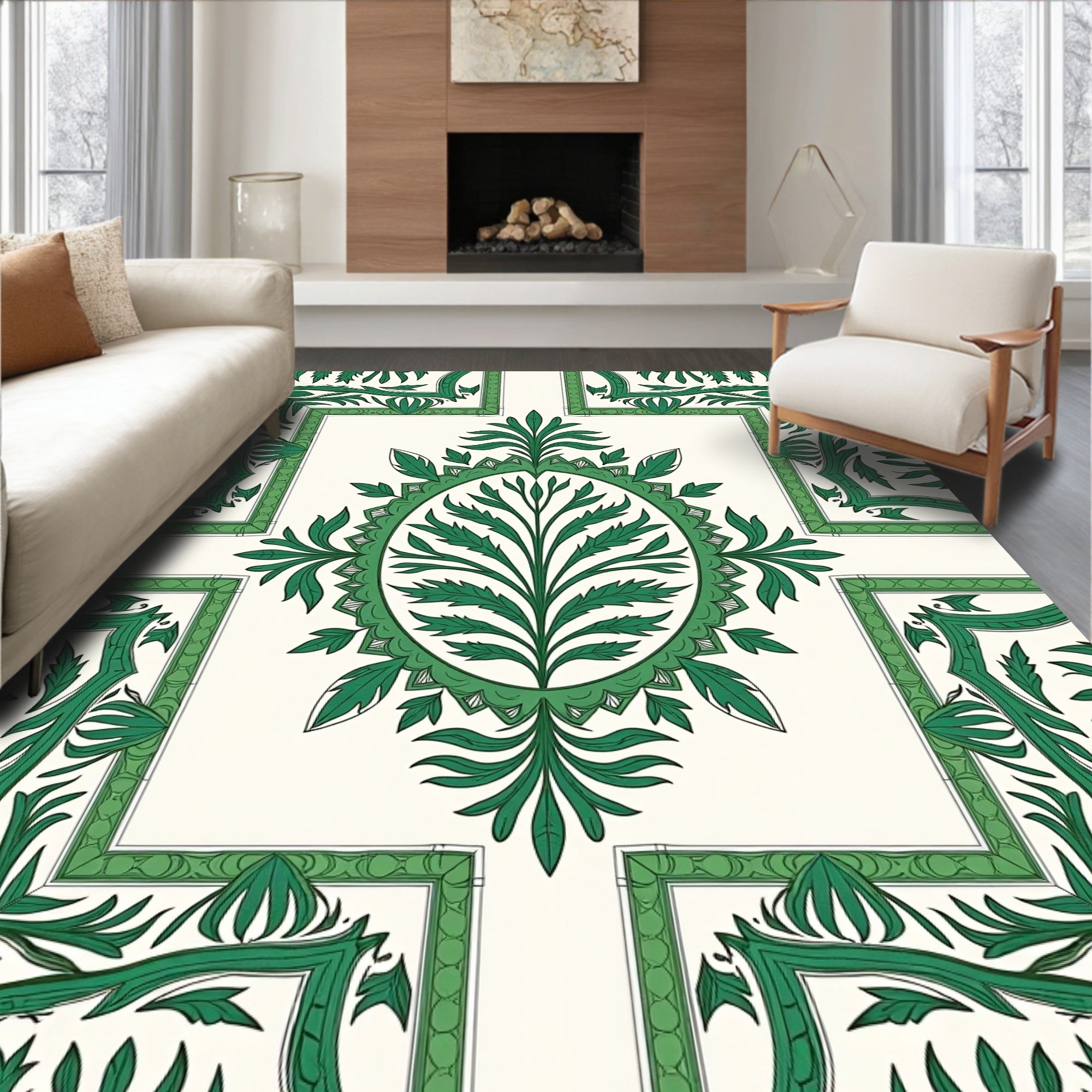Emerald Green Floral Vine Medallion Rug