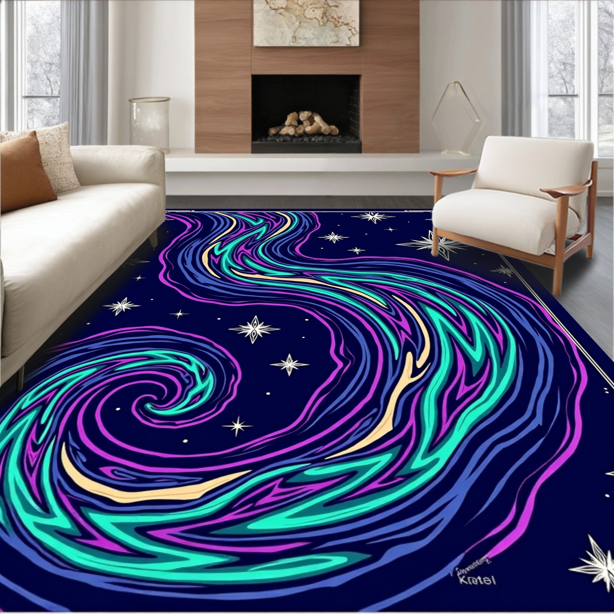 Vibrant Swirl Aurora Starry Night Rug