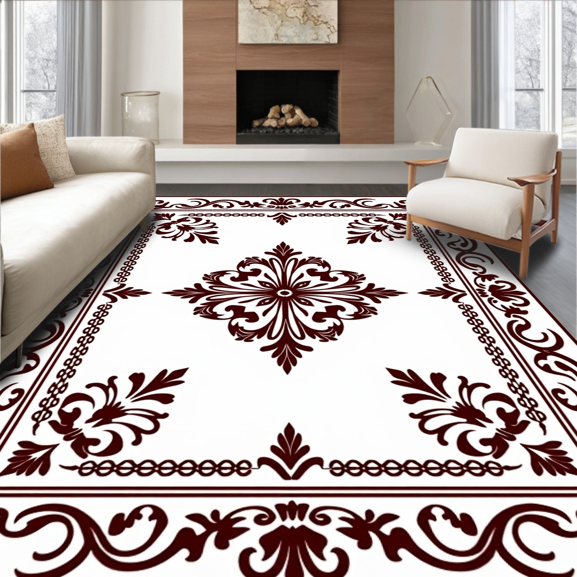 Dark Red Traditional Floral Scroll Rug