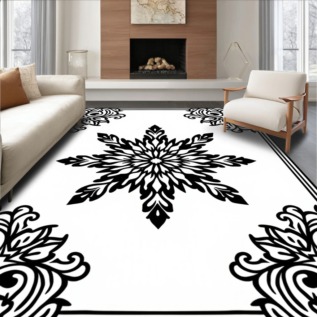 Black White Floral Medallion Border Rug