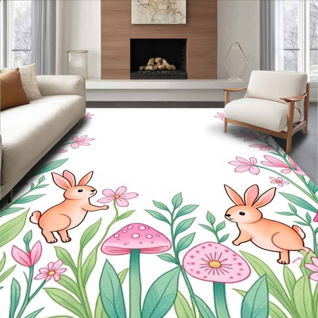 Charming Bunny Garden Floral Mushrooms Rug