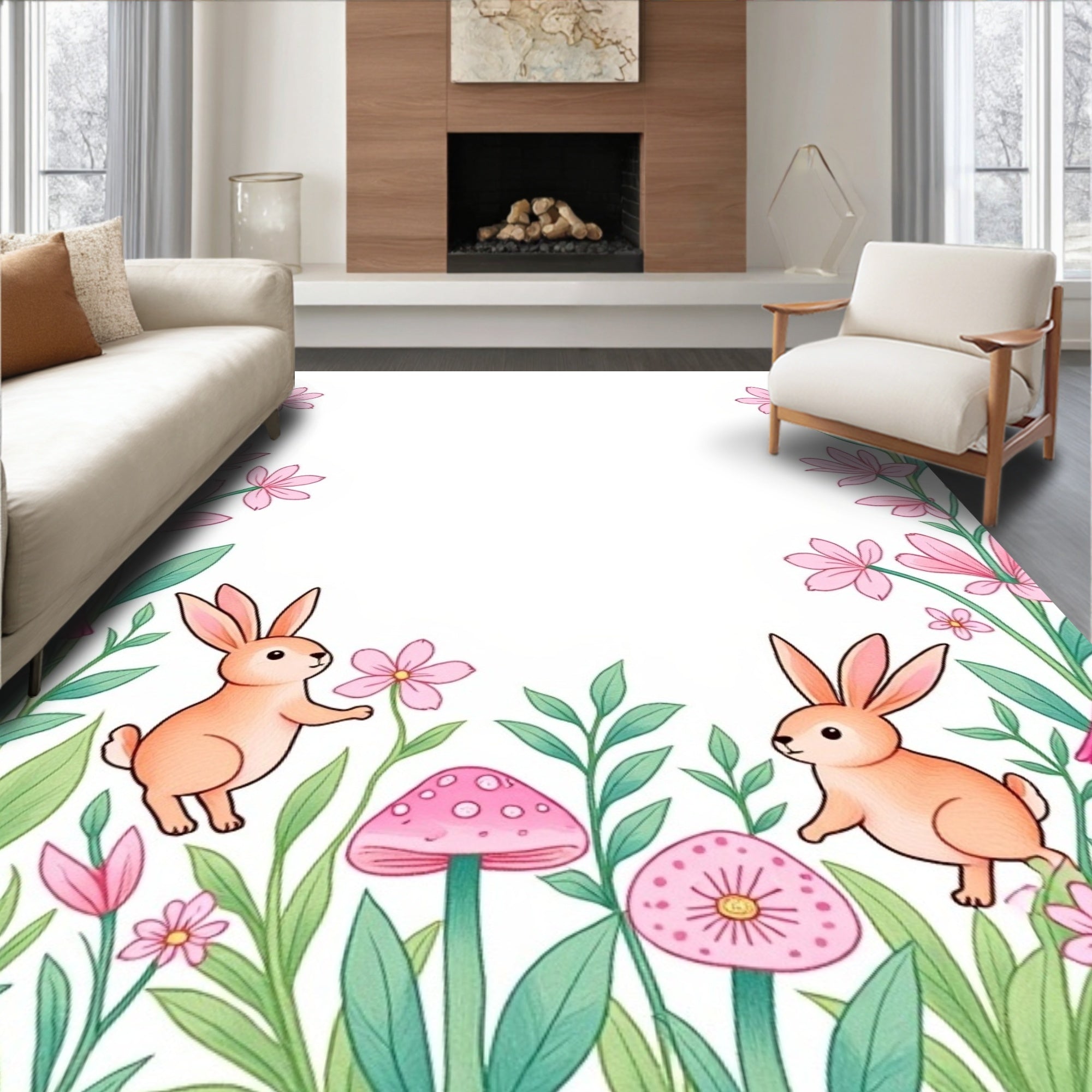 Charming Bunny Garden Floral Mushrooms Rug