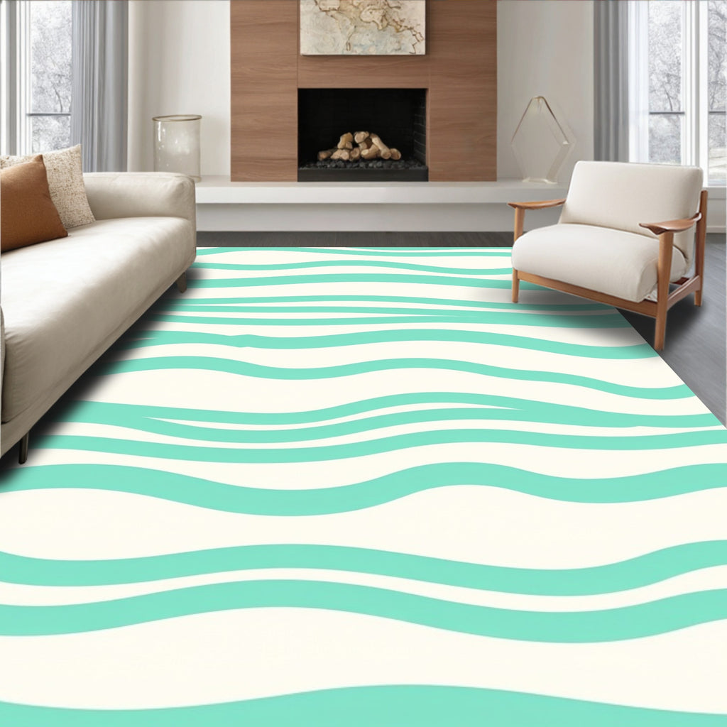 Coastal Aqua Wave Stripes Rug