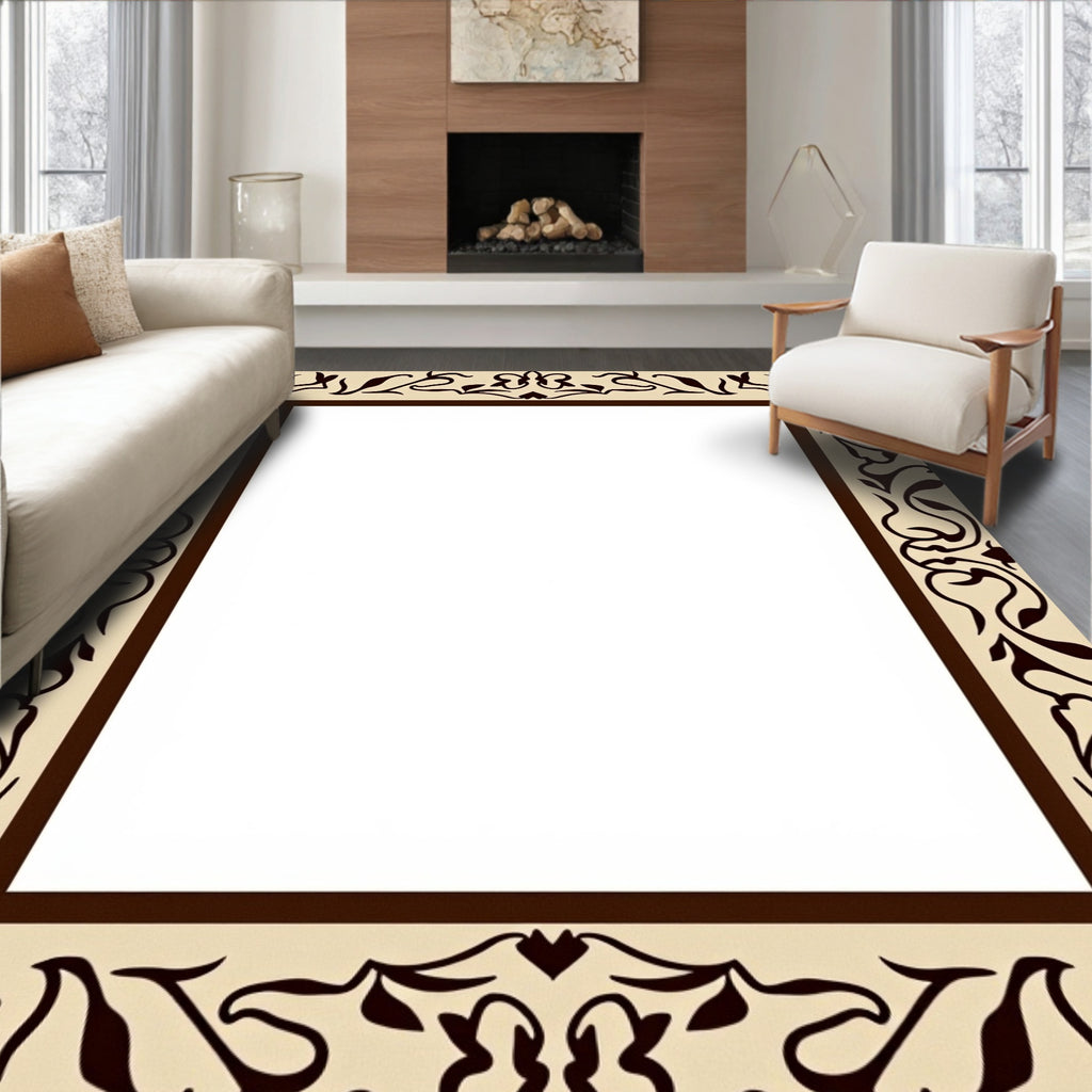 Beige Brown Floral Scroll Frame Rug