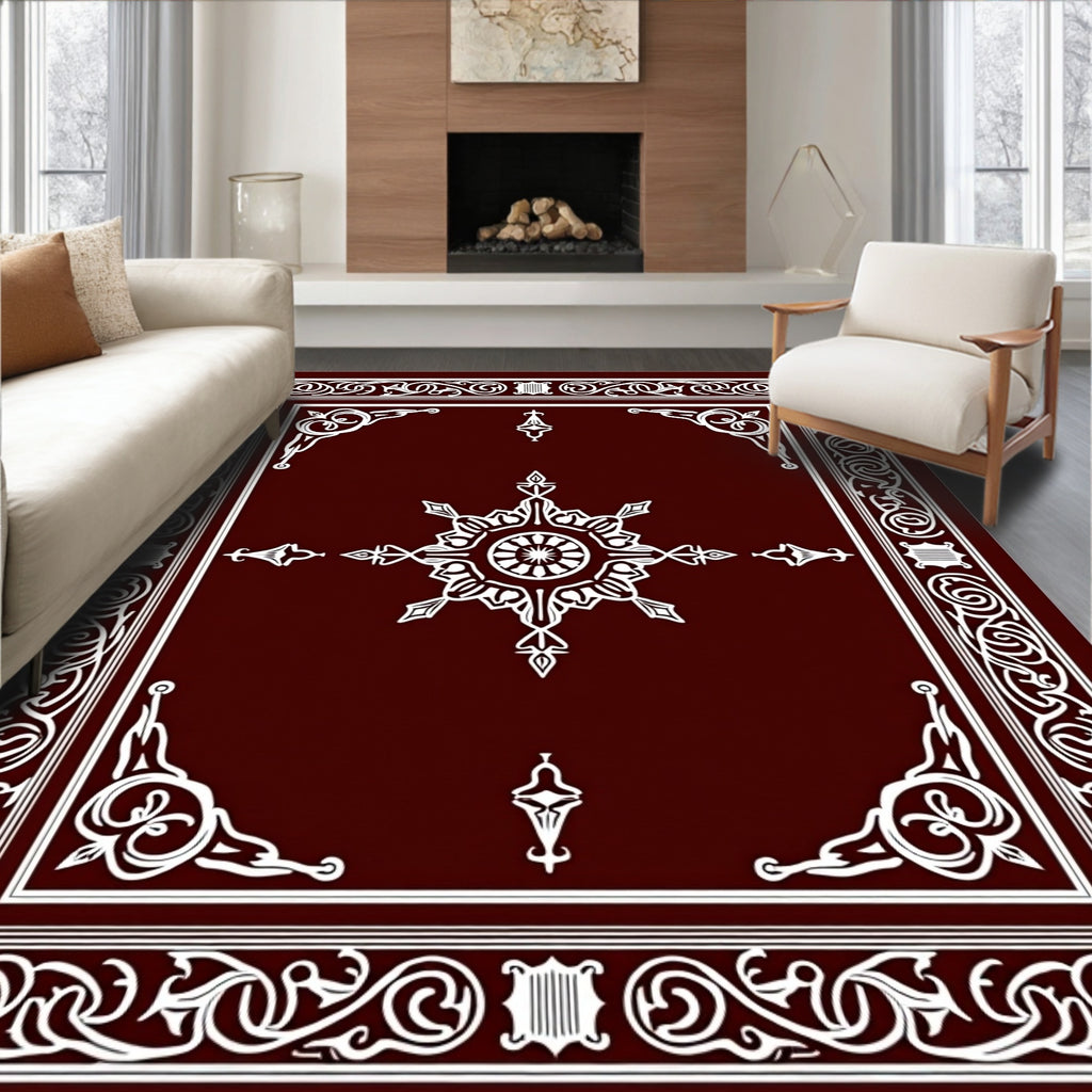 Deep Red White Floral Medallion Border Rug