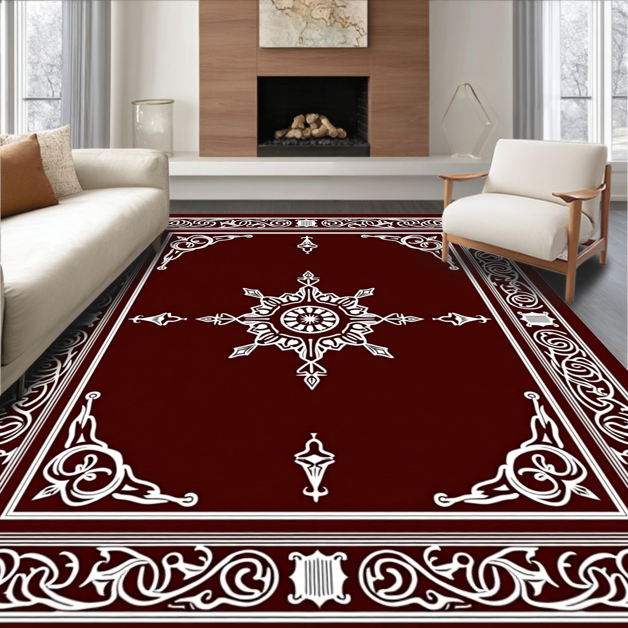 Deep Red White Floral Medallion Border Rug