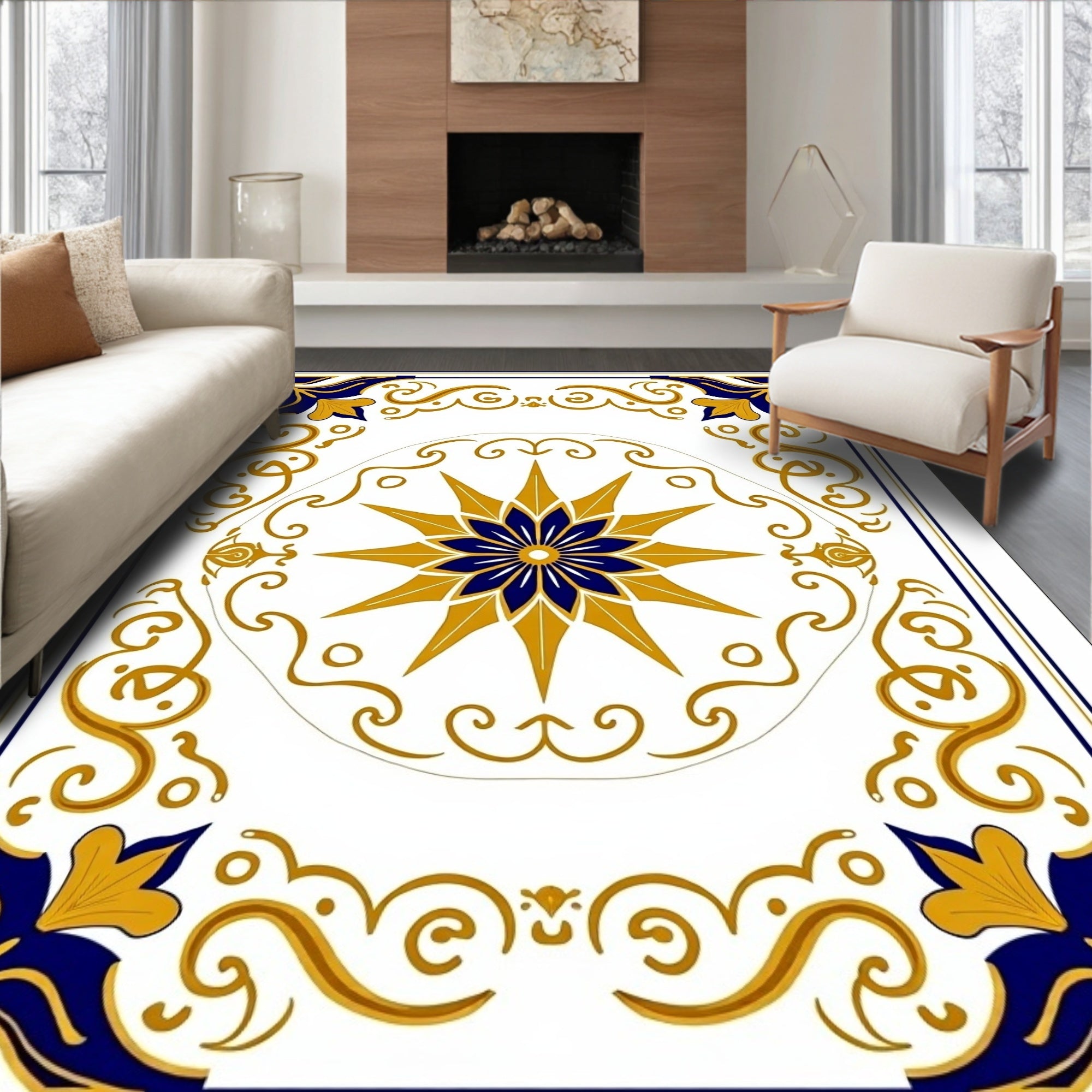 Golden Starburst Blue Floral Tile Rug