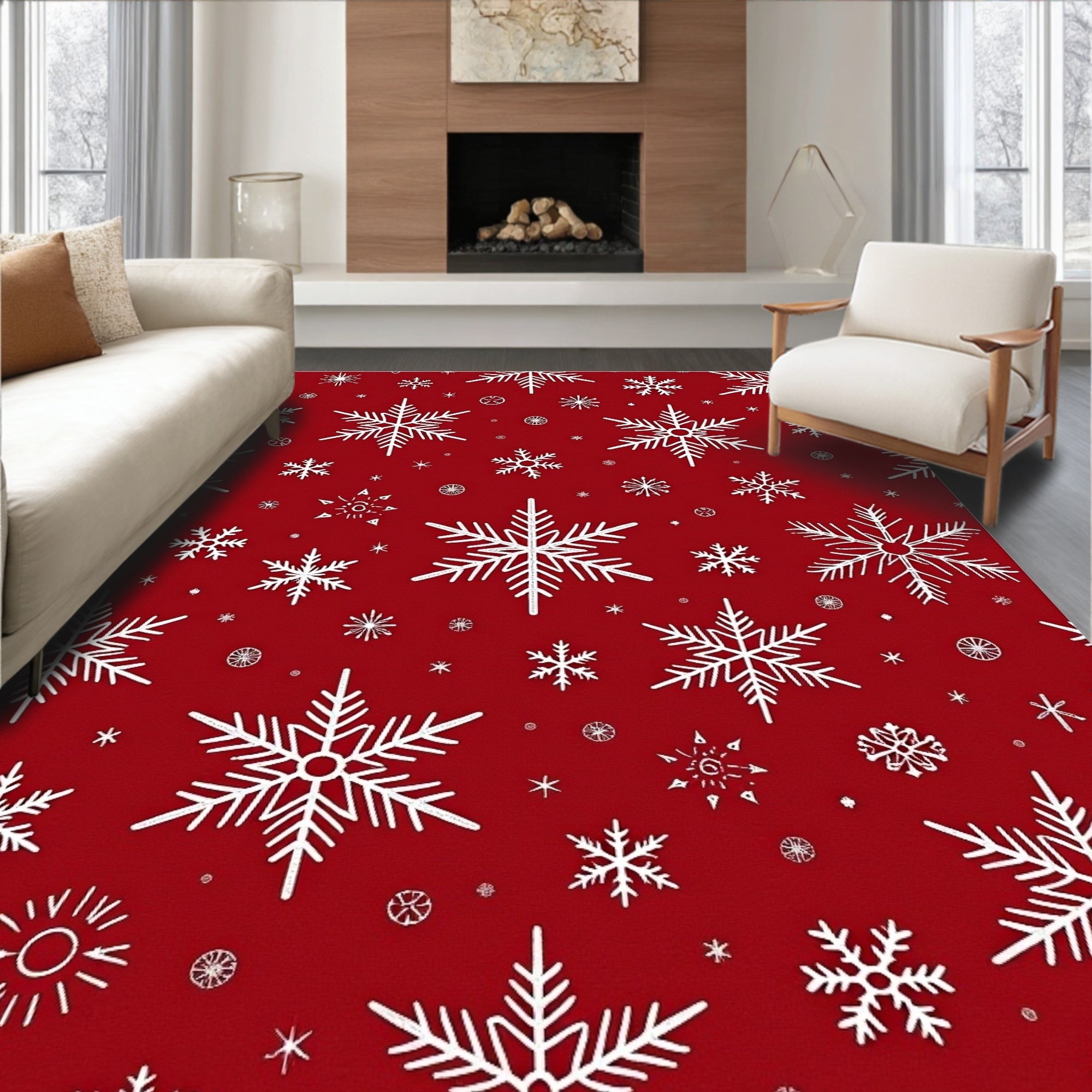 White Snowflakes on Red Background Rug