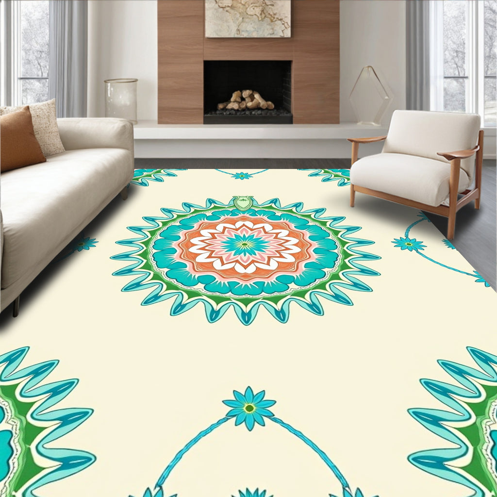 Coral Teal Sunburst Mandala Rug