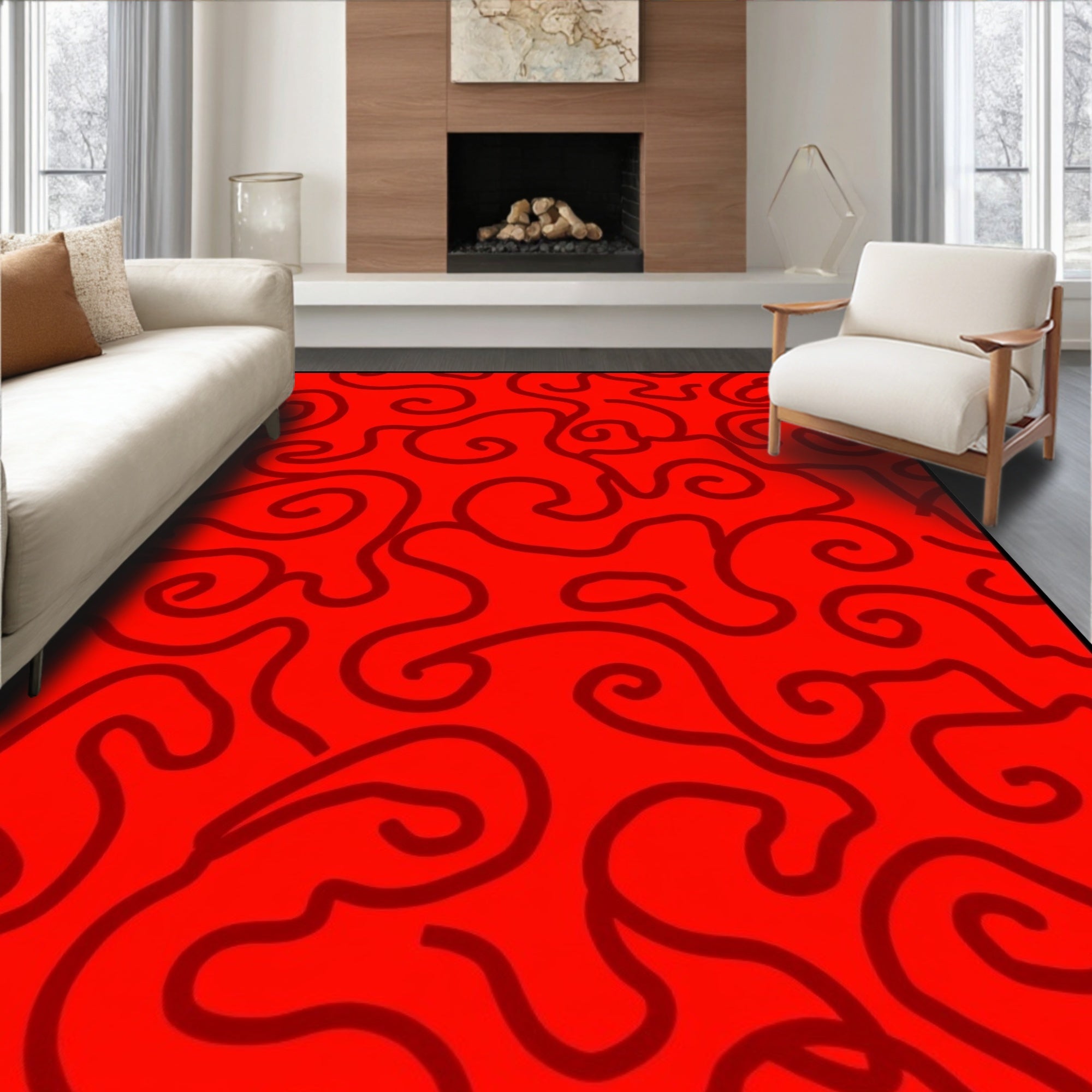 Vibrant Red Swirls Abstract Rug