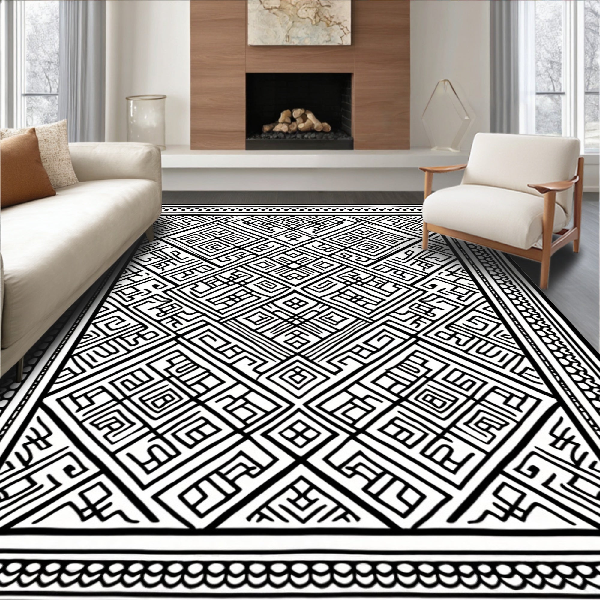 Black White Geometric Maze Rug