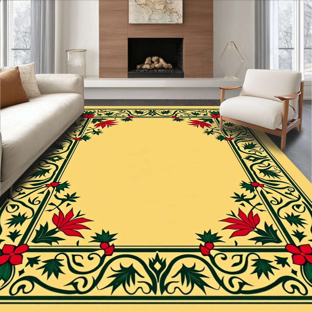 Ornate Red Floral Green Vine Border Rug