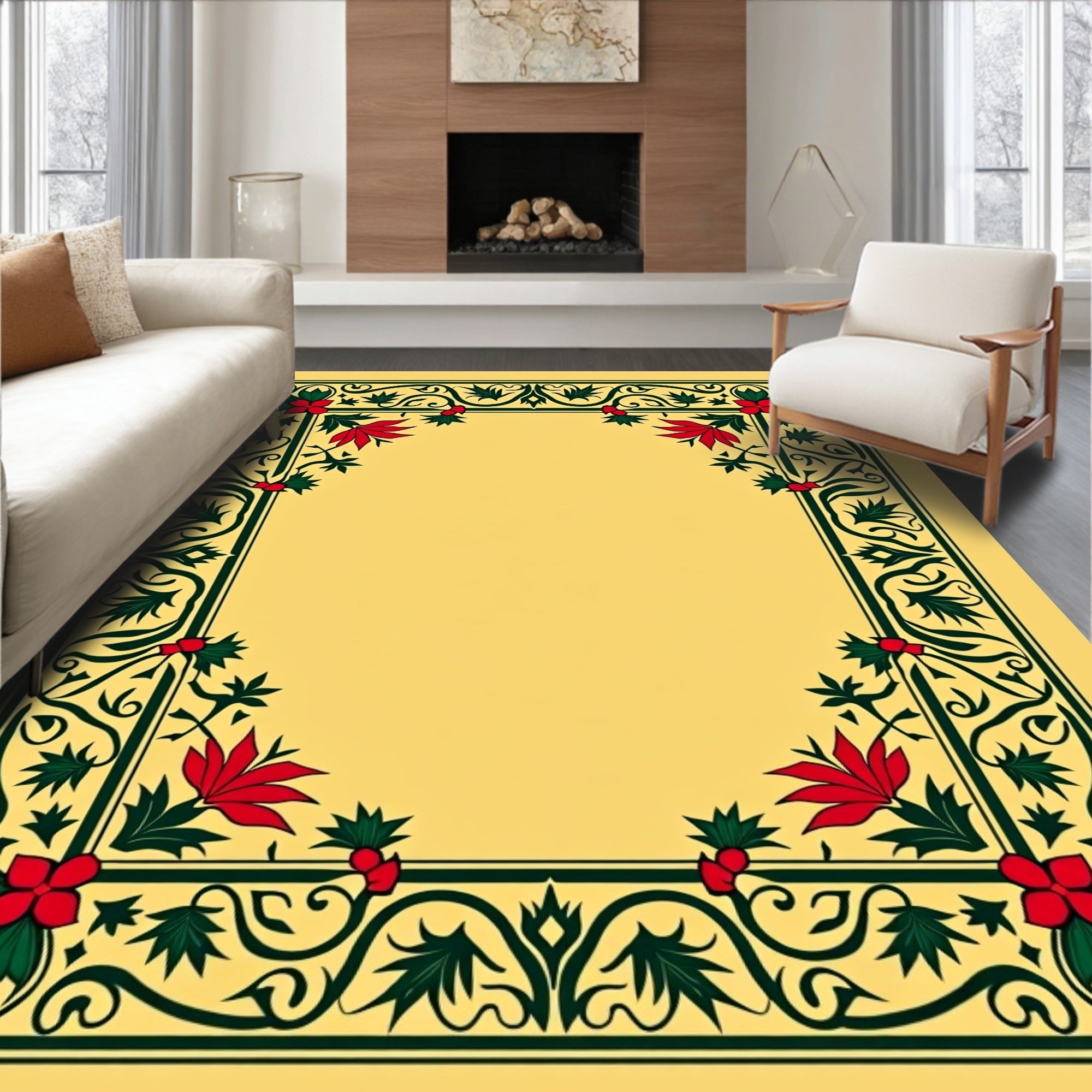 Ornate Red Floral Green Vine Border Rug