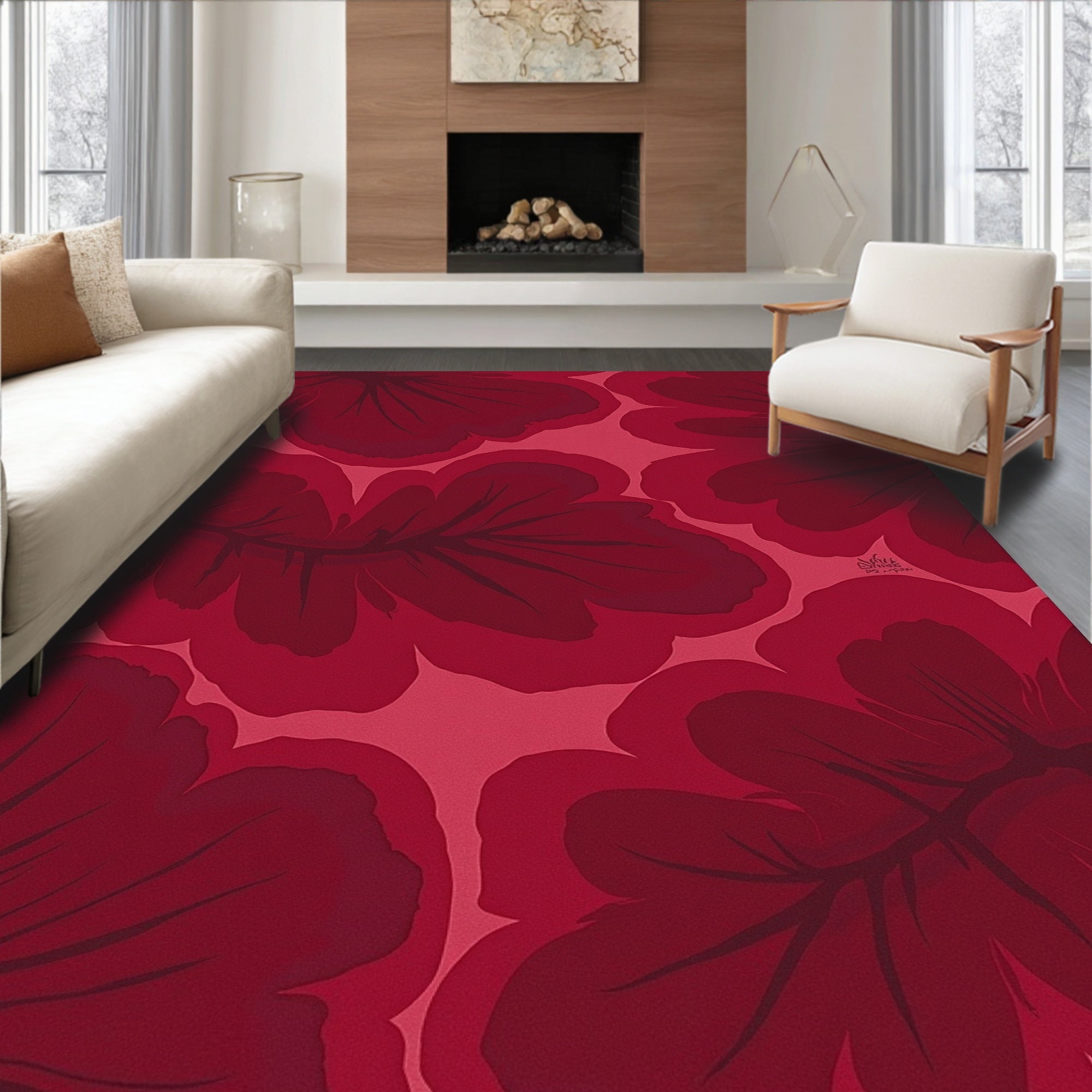 Deep Red Floral Bloom Collage Rug