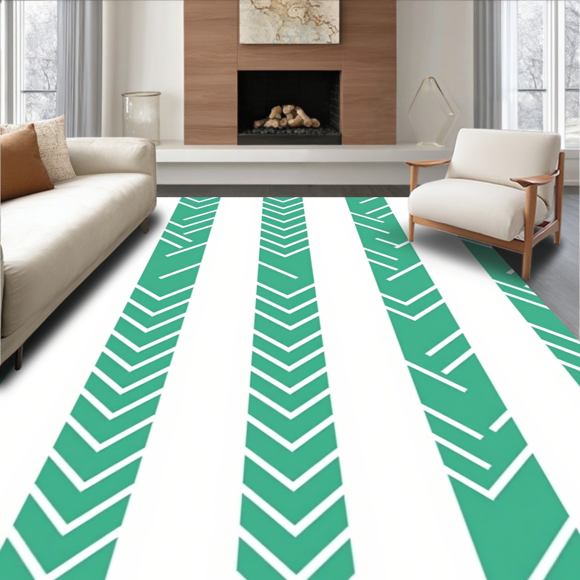 Teal White Vertical Chevron Stripe Rug
