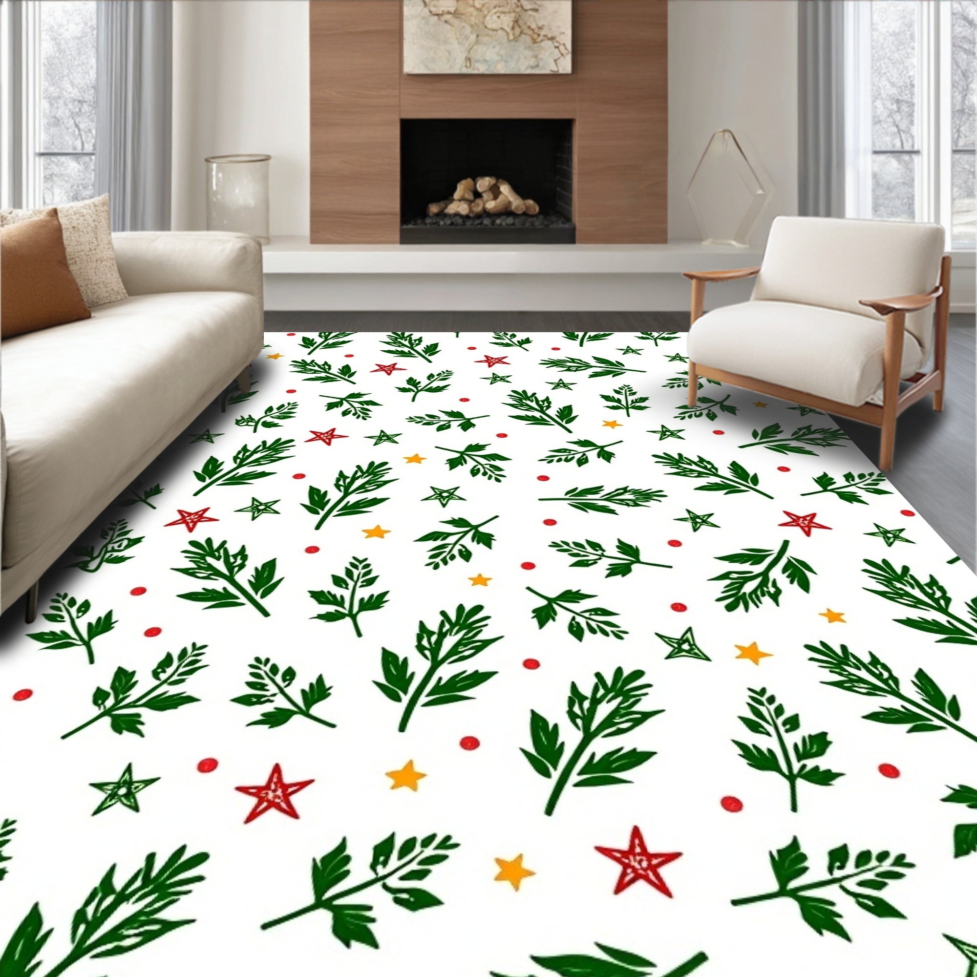 Green Leafy Branches Red Stars Rug