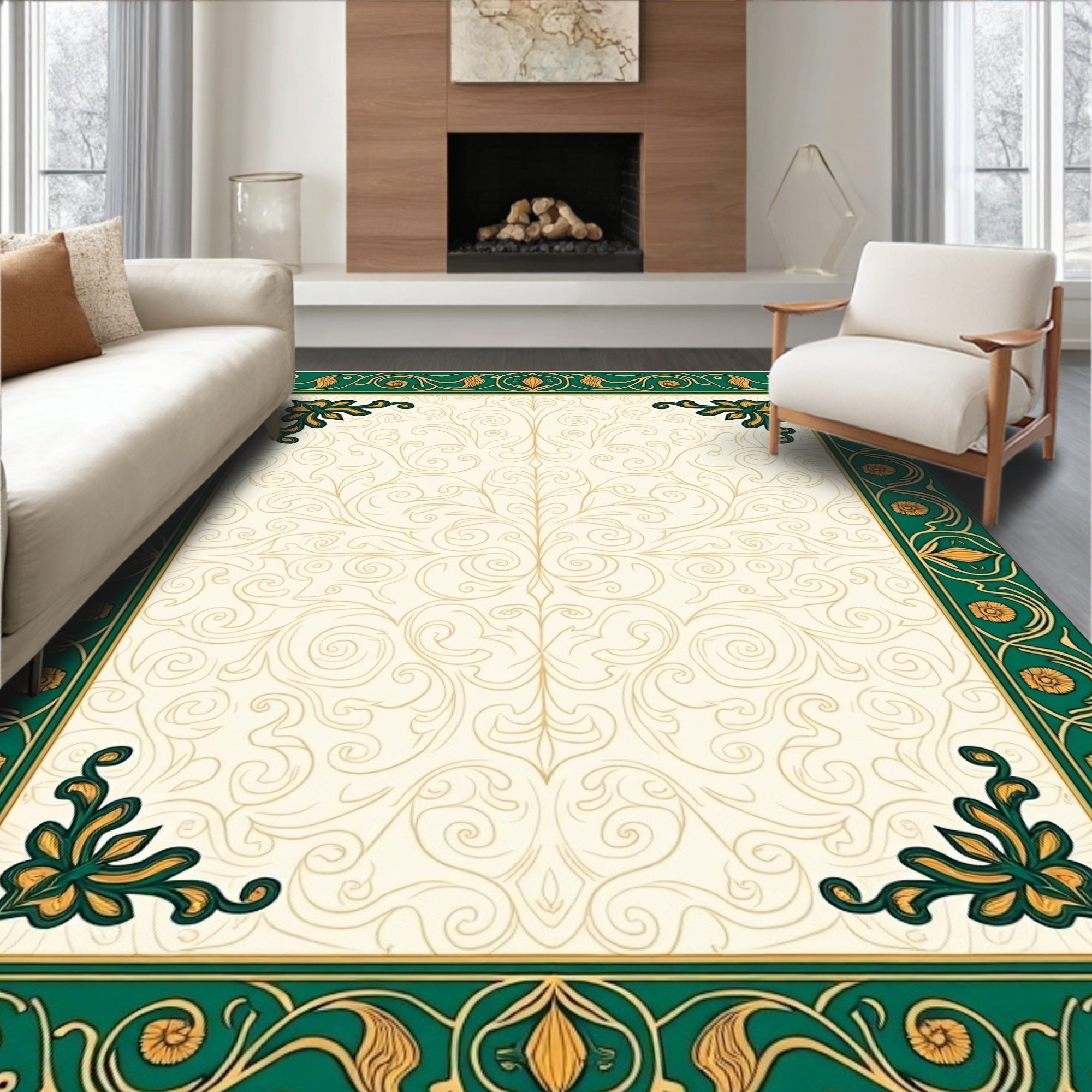 Emerald Gold Vintage Floral Scroll Rug