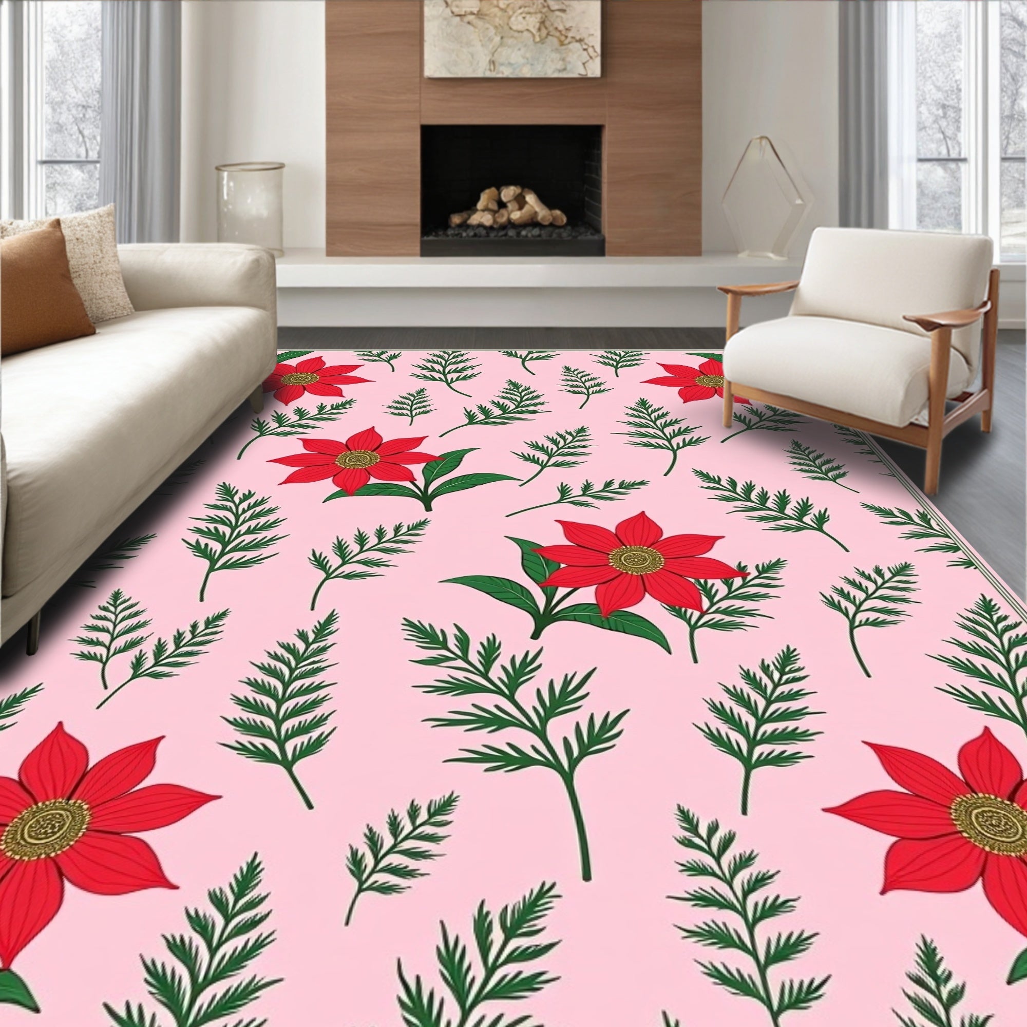 Red Floral Fern Background Rug