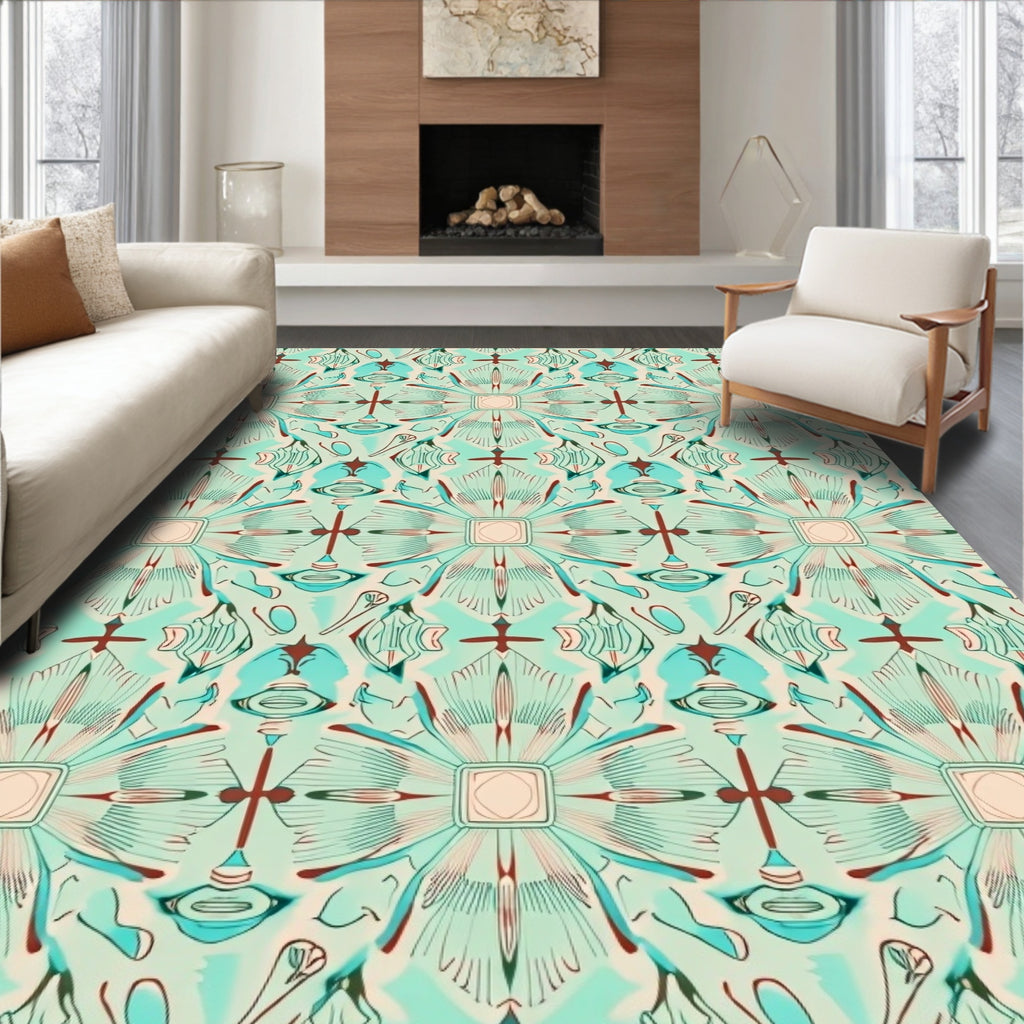 Aqua And Coral Sunburst Mandala Rug
