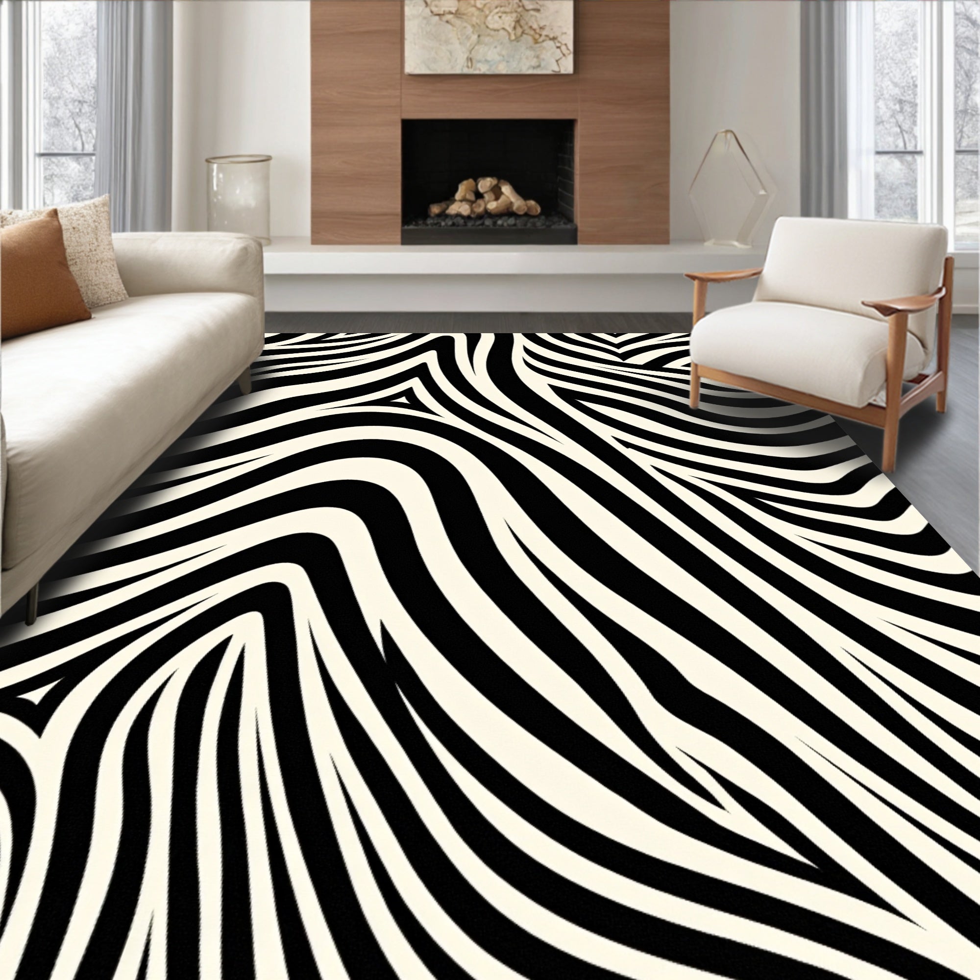 Bold Black Cream Zebra Waves Rug