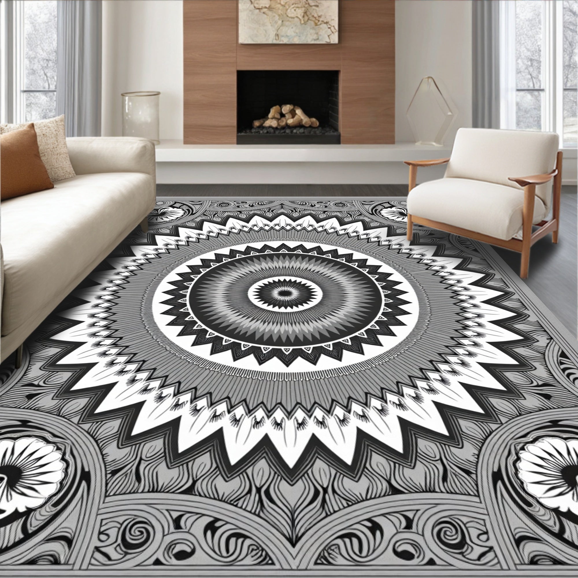 Monochromatic Floral Medallion Mandala Rug